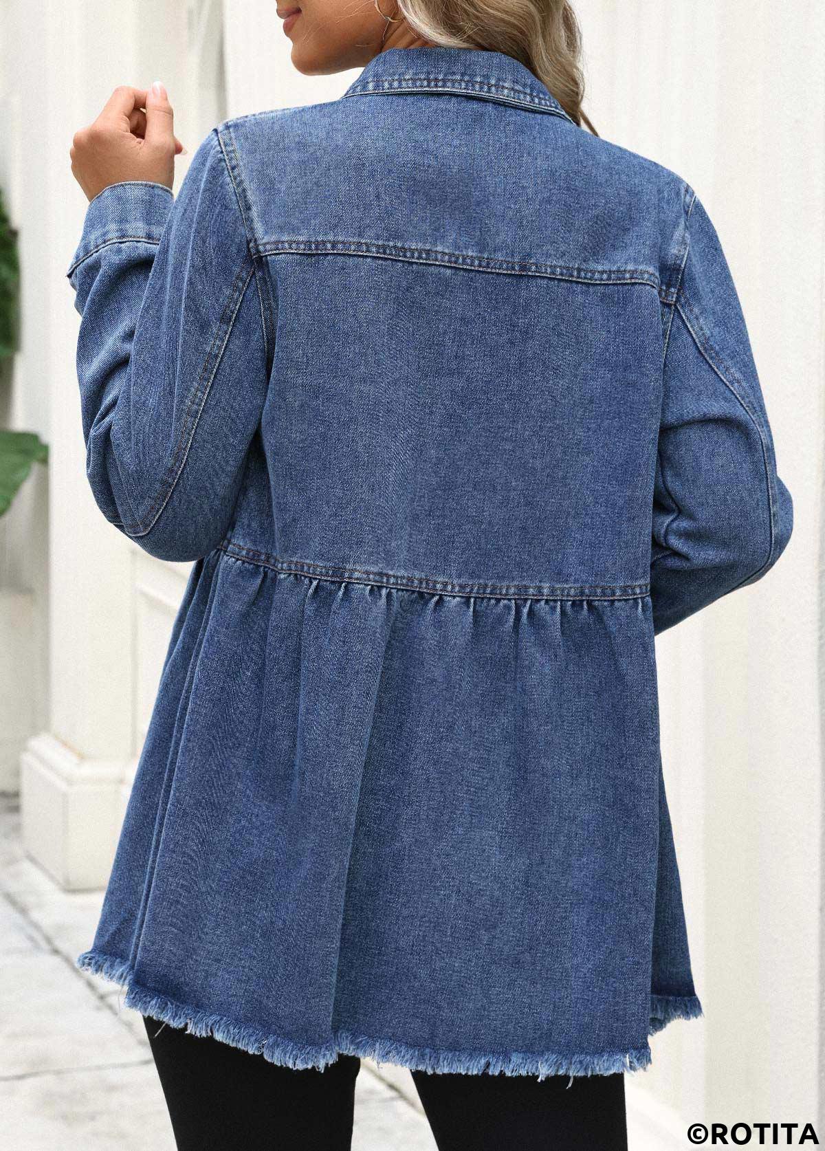 Denim Blue tops,Plain Color tops,Tummy Coverage Denim Blue Turn Down Collar Coat