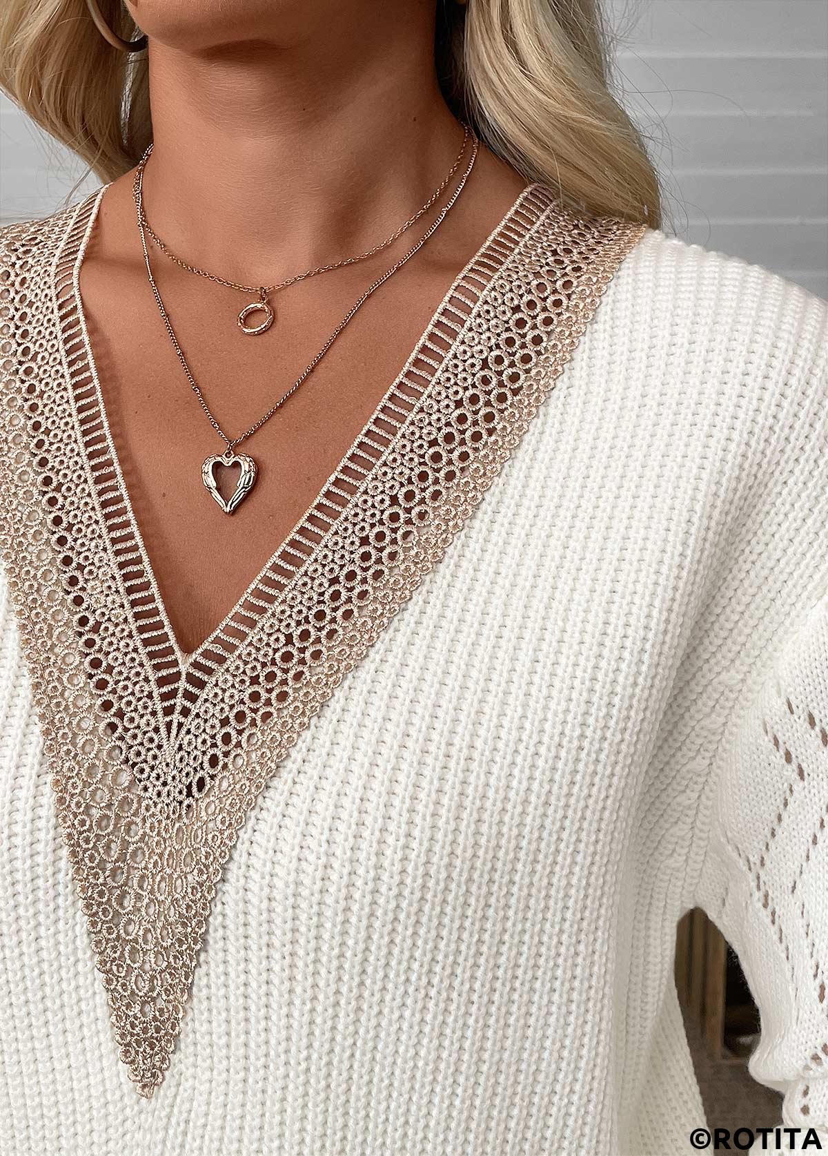 Beige tops,Plain Color tops,Beige V Neck Long Sleeve Sweater