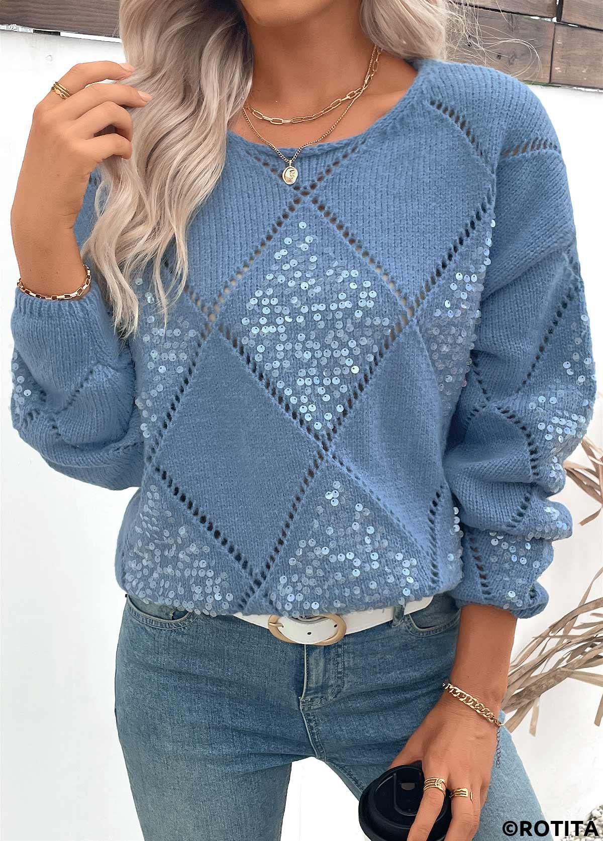 Dusty Blue tops,Plain Color tops,Tummy Coverage Dusty Blue Round Neck Long Sleeve Sweater
