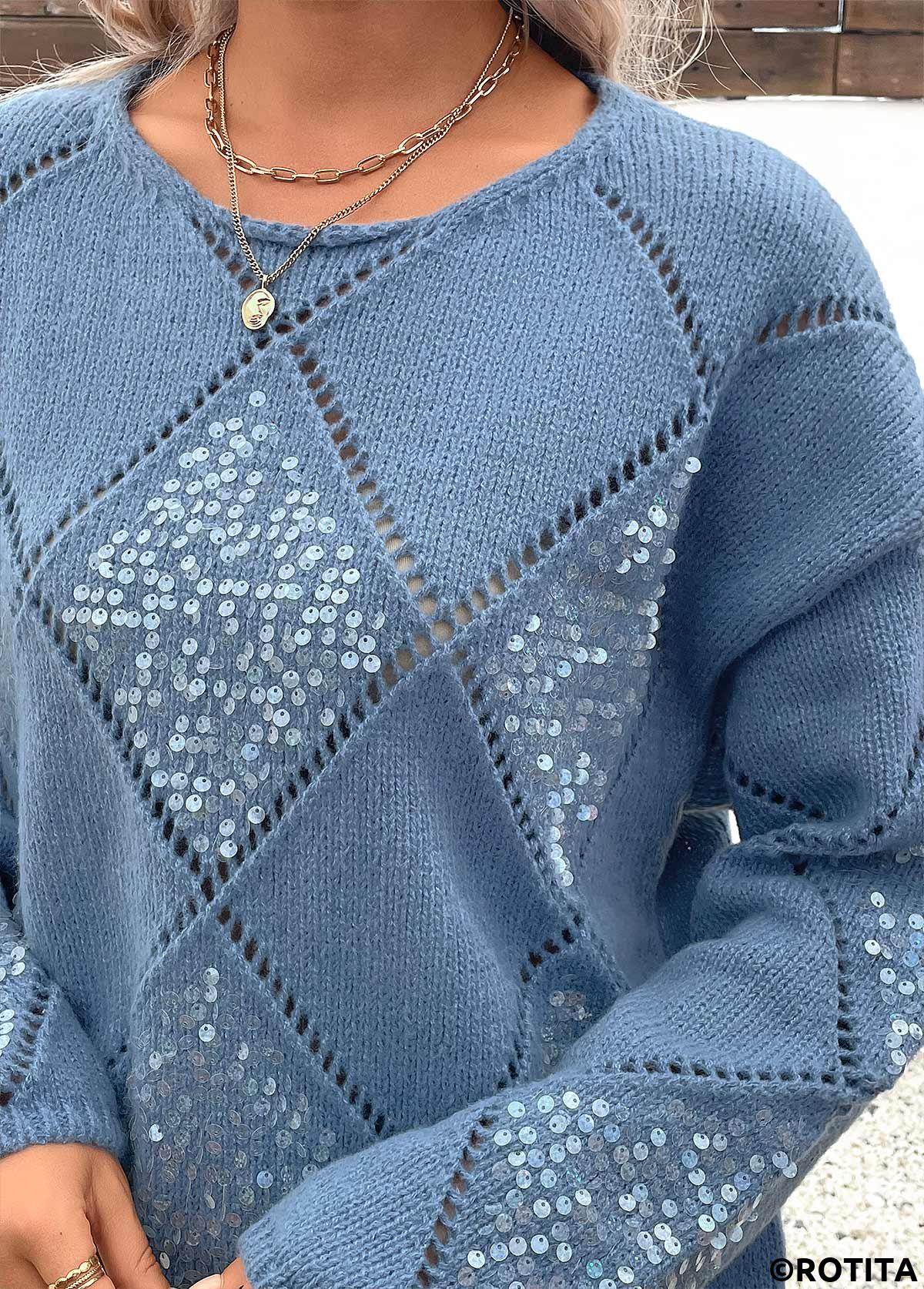 Dusty Blue tops,Plain Color tops,Tummy Coverage Dusty Blue Round Neck Long Sleeve Sweater