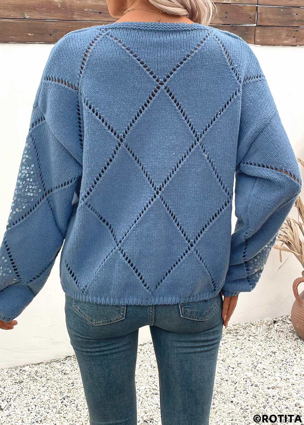 Dusty Blue tops,Plain Color tops,Tummy Coverage Dusty Blue Round Neck Long Sleeve Sweater