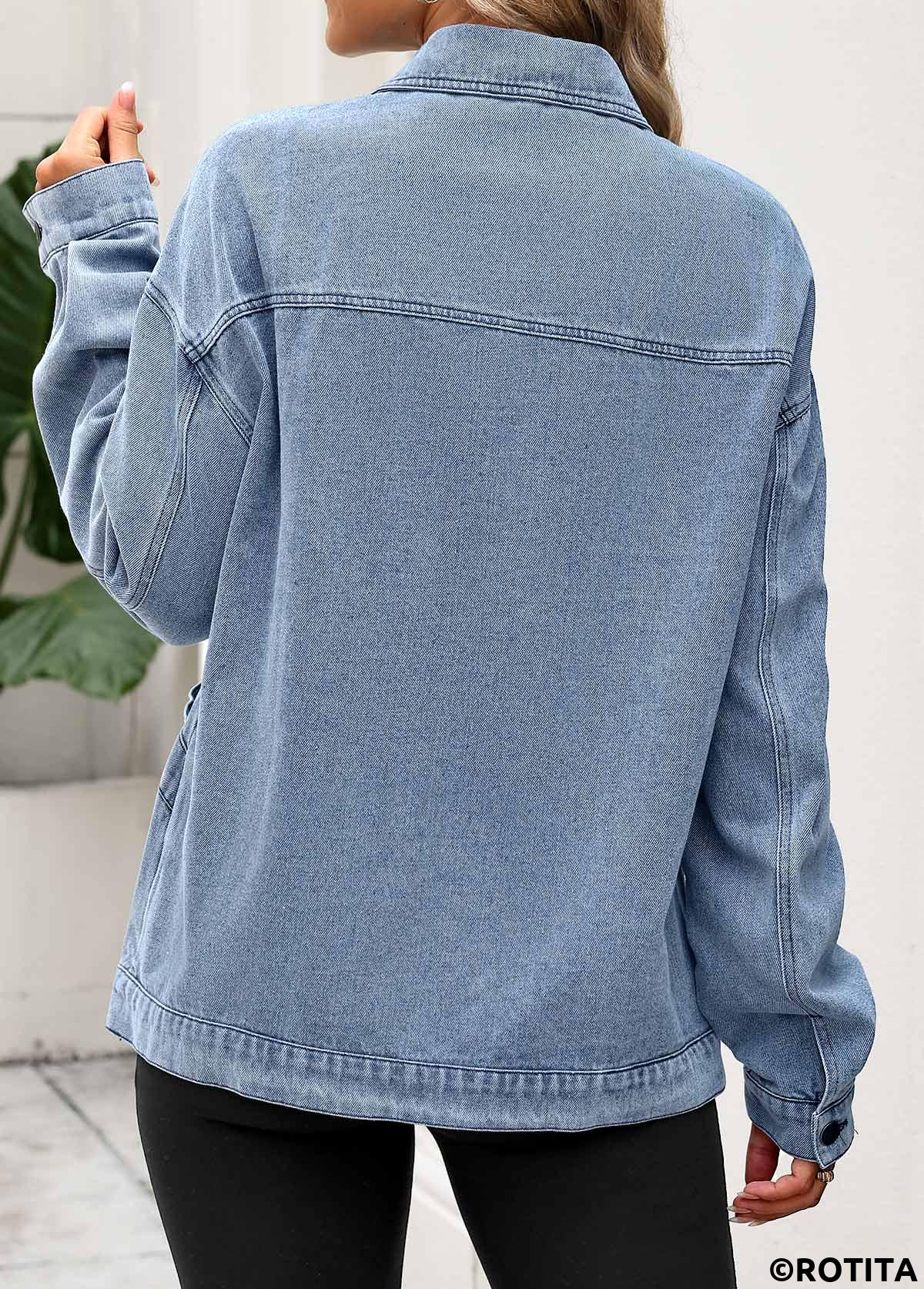 Denim Blue tops,Plain Color tops,Tummy Coverage Denim Blue Turn Down Collar Coat