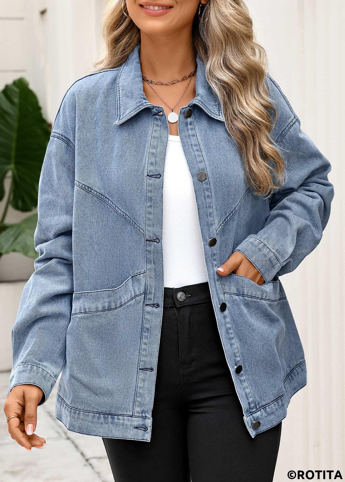 Denim Blue tops,Plain Color tops,Tummy Coverage Denim Blue Turn Down Collar Coat