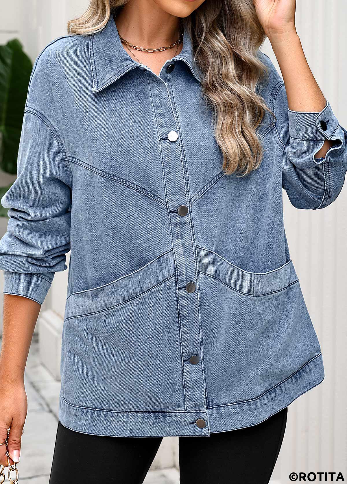 Denim Blue tops,Plain Color tops,Tummy Coverage Denim Blue Turn Down Collar Coat