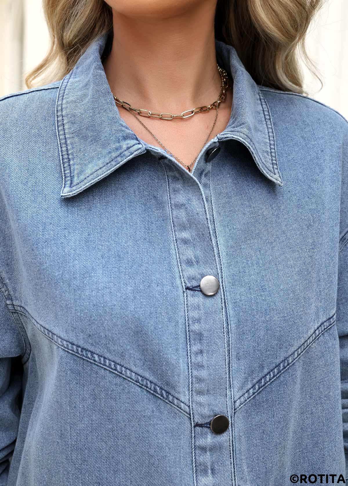 Denim Blue tops,Plain Color tops,Tummy Coverage Denim Blue Turn Down Collar Coat