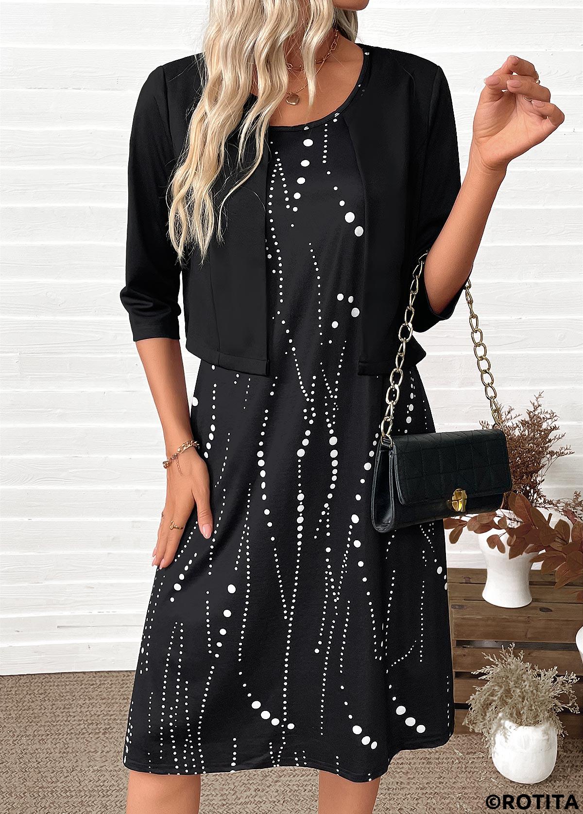 Black dresses,Dot dresses,Everyday dresses,Casual dresses,ROTITA Tummy Coverage Polka Dot Black Dress and Cardigan