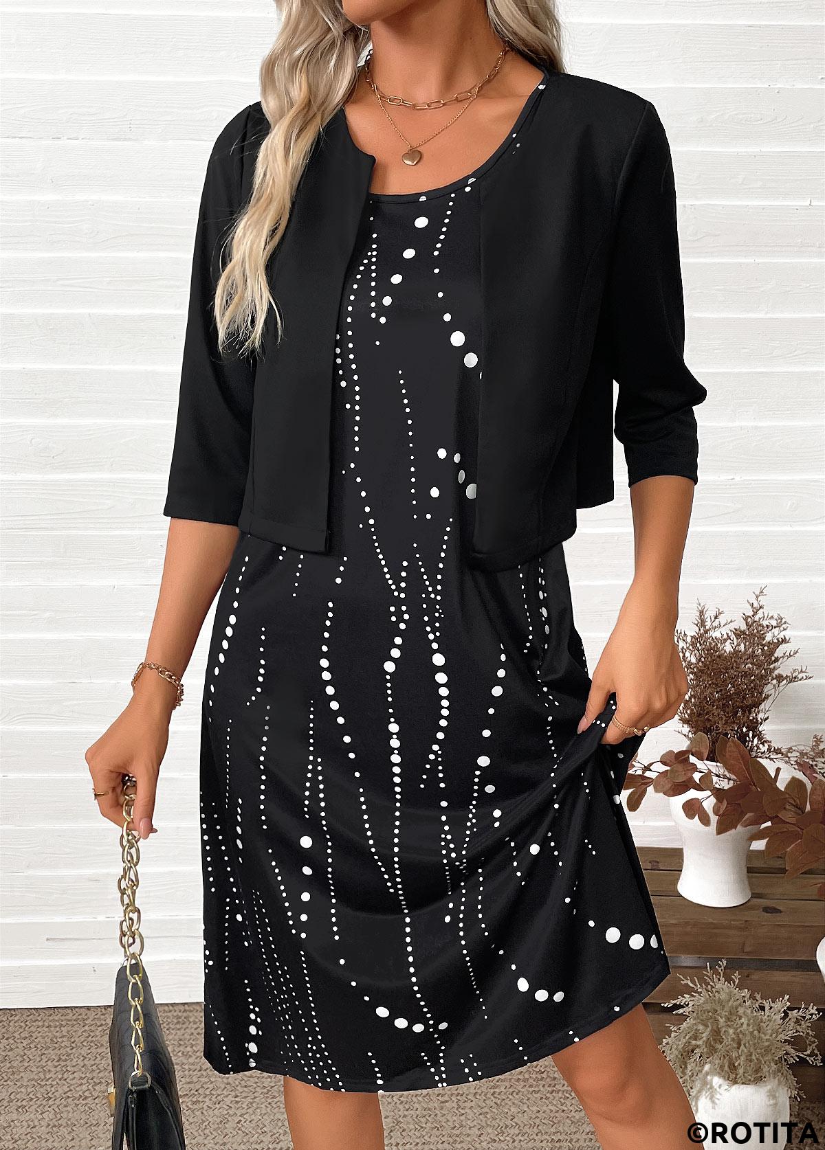 Black dresses,Dot dresses,Everyday dresses,Casual dresses,ROTITA Tummy Coverage Polka Dot Black Dress and Cardigan