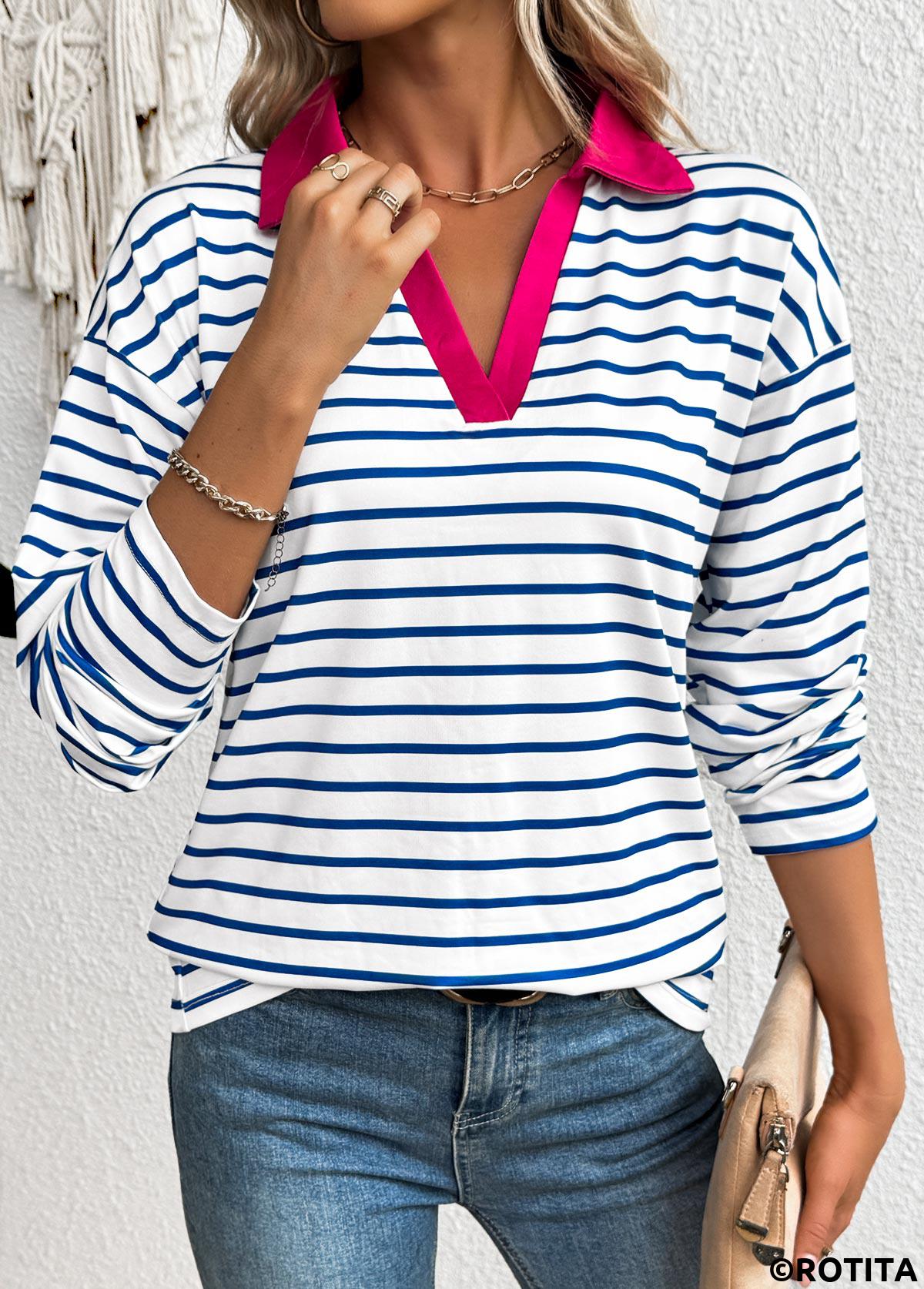 White tops,Striped tops,Geometric tops,ROTITA Striped White Split Neck Long Sleeve T Shirt