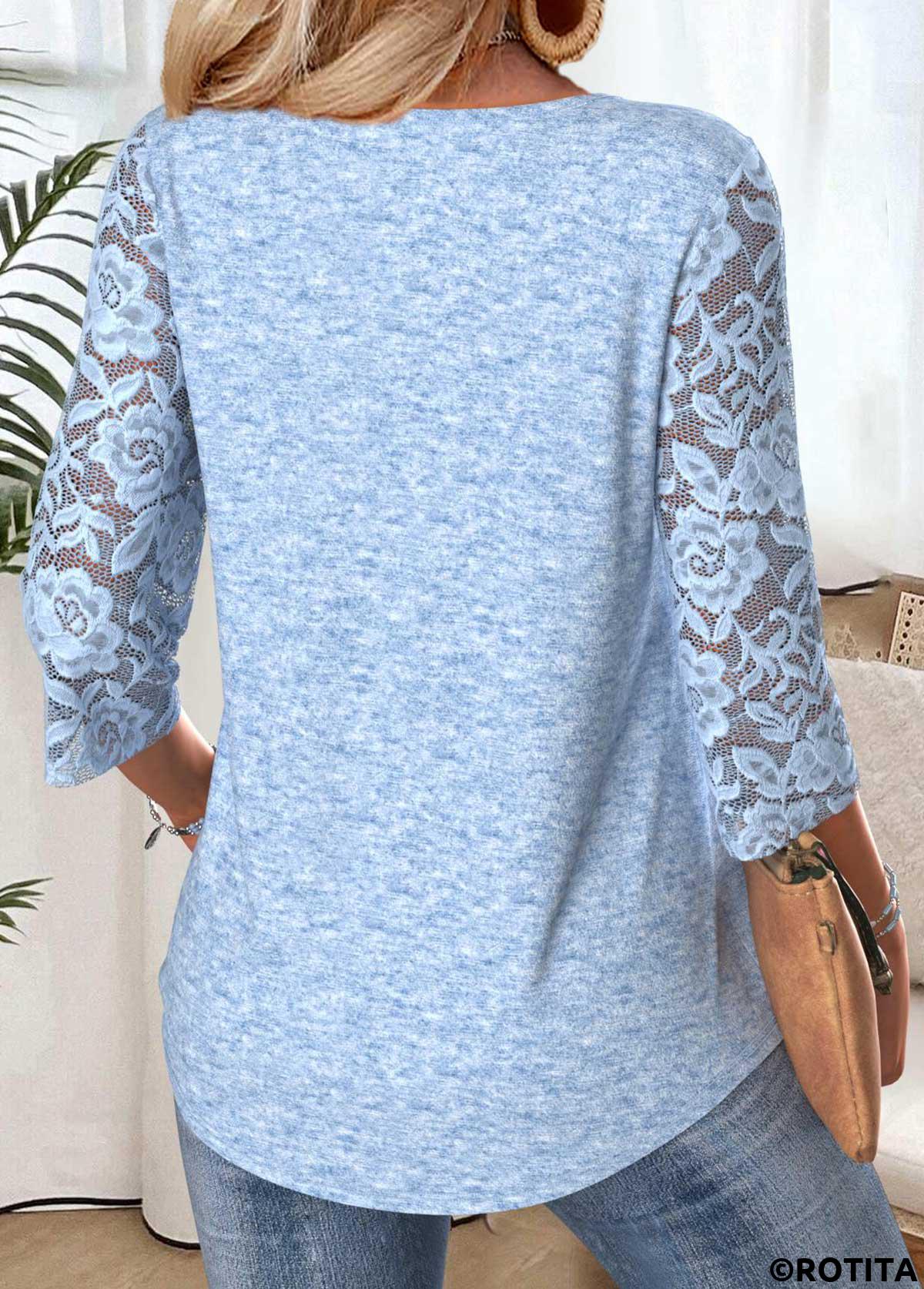 Light Blue tops,Plain Color tops,ROTITA Light Blue Round Neck 3/4 Sleeve T Shirt