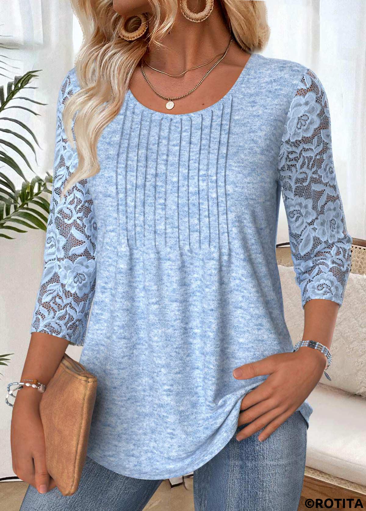Light Blue tops,Plain Color tops,ROTITA Light Blue Round Neck 3/4 Sleeve T Shirt