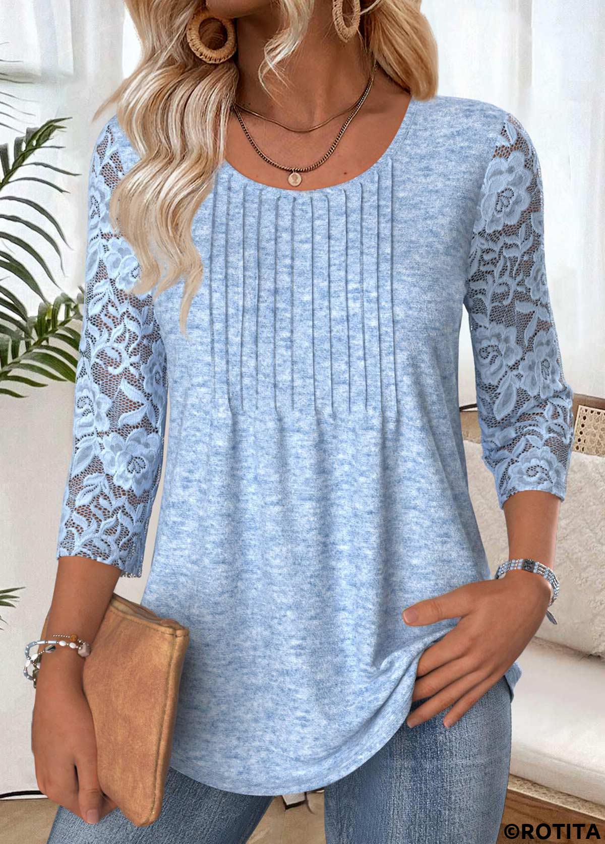 Light Blue tops,Plain Color tops,ROTITA Light Blue Round Neck 3/4 Sleeve T Shirt