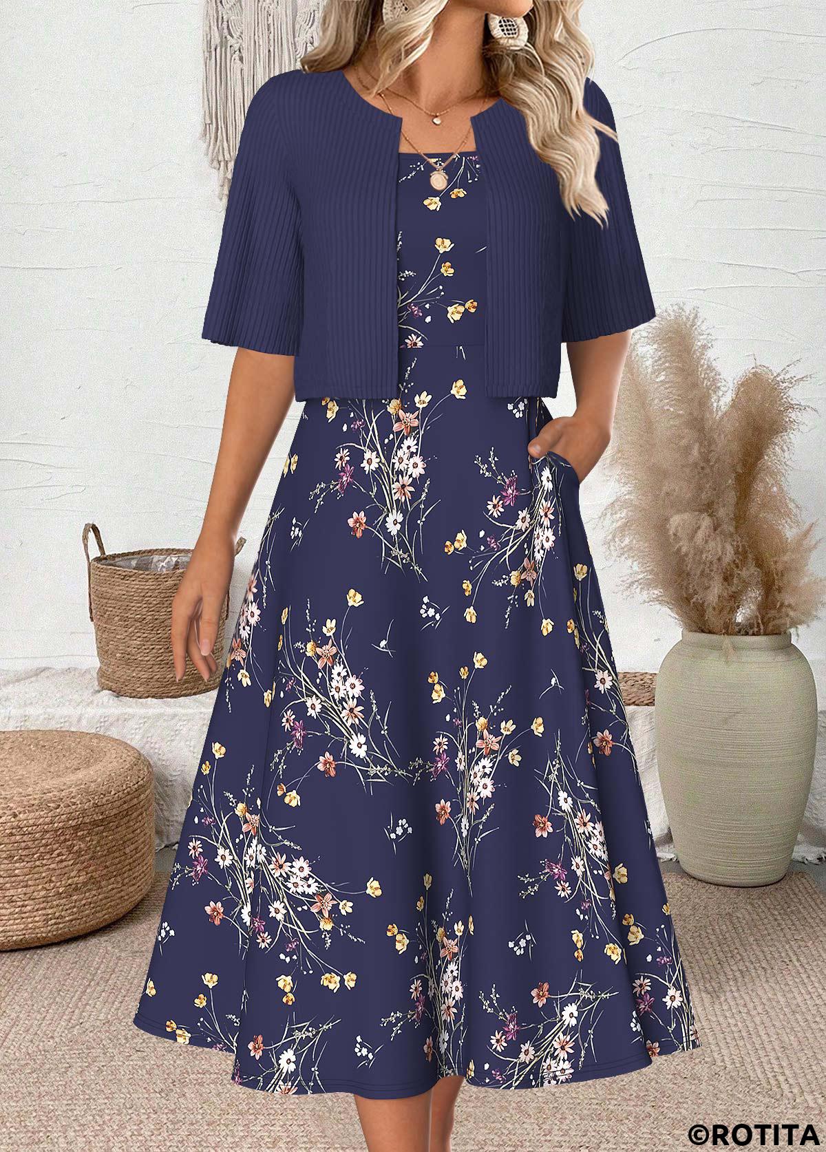 Navy dresses,Floral dresses,Plants dresses,Everyday dresses,Casual dresses,ROTITA Floral Print Navy Round Neck Dress and Cardigan
