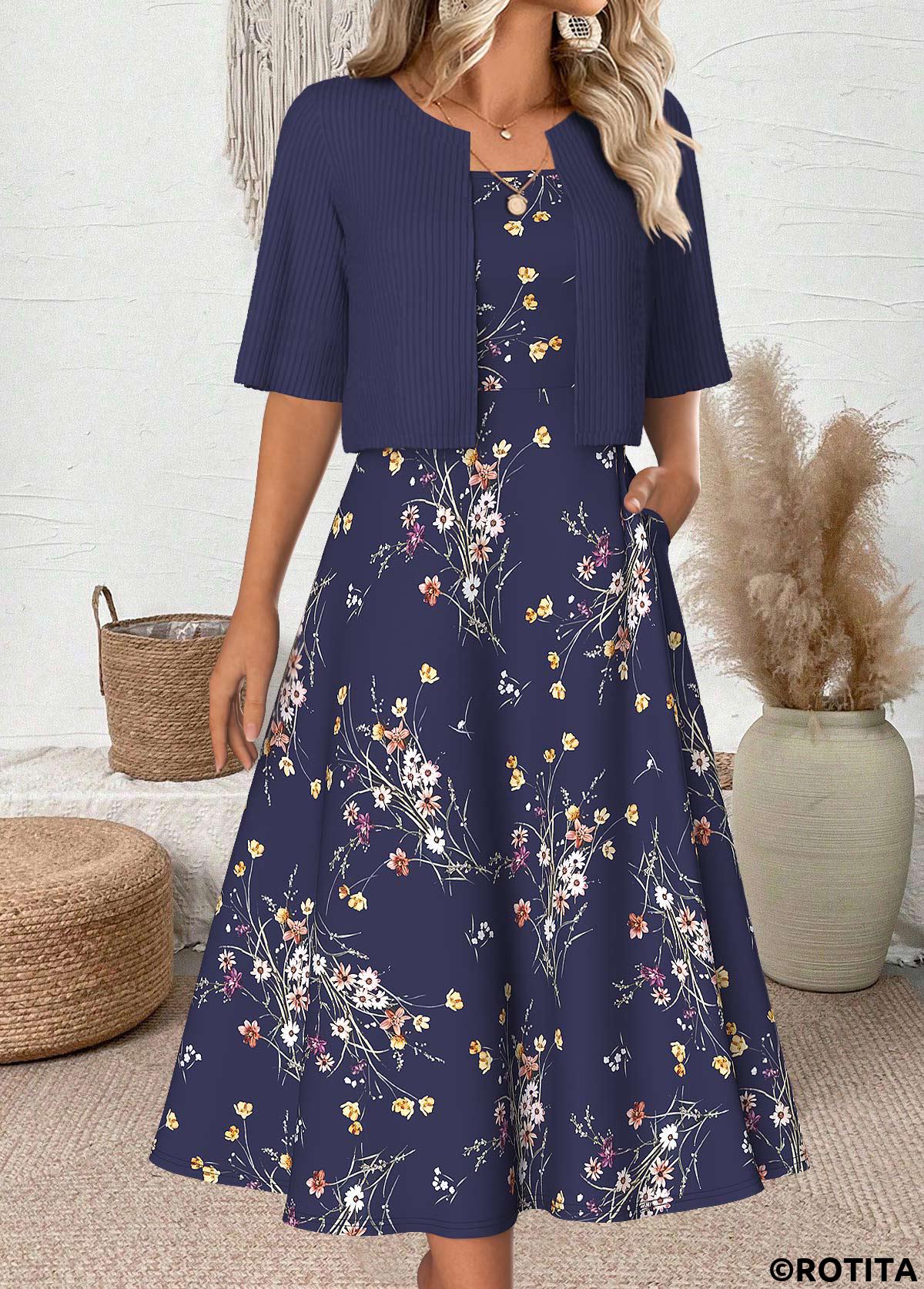 Navy dresses,Floral dresses,Plants dresses,Everyday dresses,Casual dresses,ROTITA Floral Print Navy Round Neck Dress and Cardigan