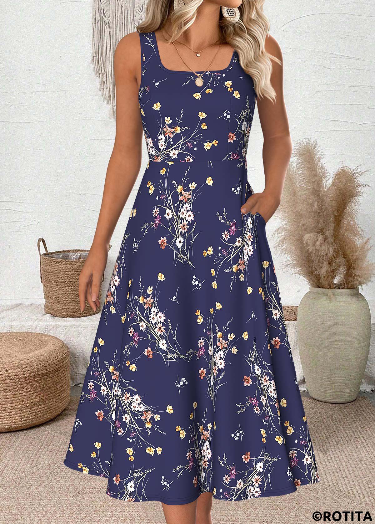 Navy dresses,Floral dresses,Plants dresses,Everyday dresses,Casual dresses,ROTITA Floral Print Navy Round Neck Dress and Cardigan