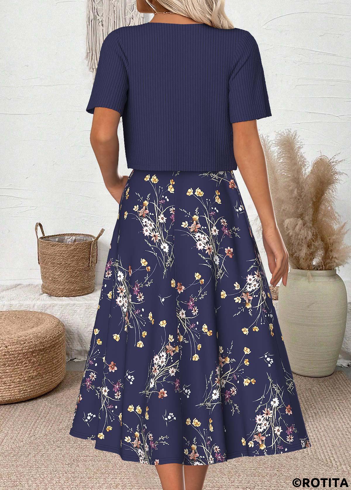 Navy dresses,Floral dresses,Plants dresses,Everyday dresses,Casual dresses,ROTITA Floral Print Navy Round Neck Dress and Cardigan