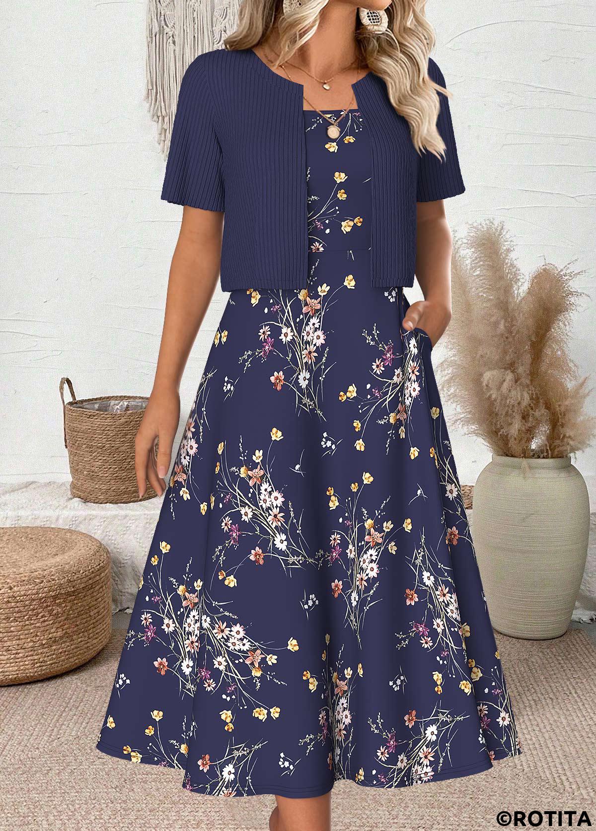 Navy dresses,Floral dresses,Plants dresses,Everyday dresses,Casual dresses,ROTITA Floral Print Navy Round Neck Dress and Cardigan