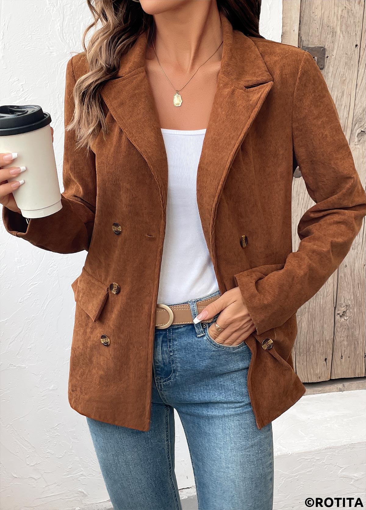 Dark Camel tops,Plain Color tops,Tummy Coverage Dark Camel Lapel Long Sleeve Coat