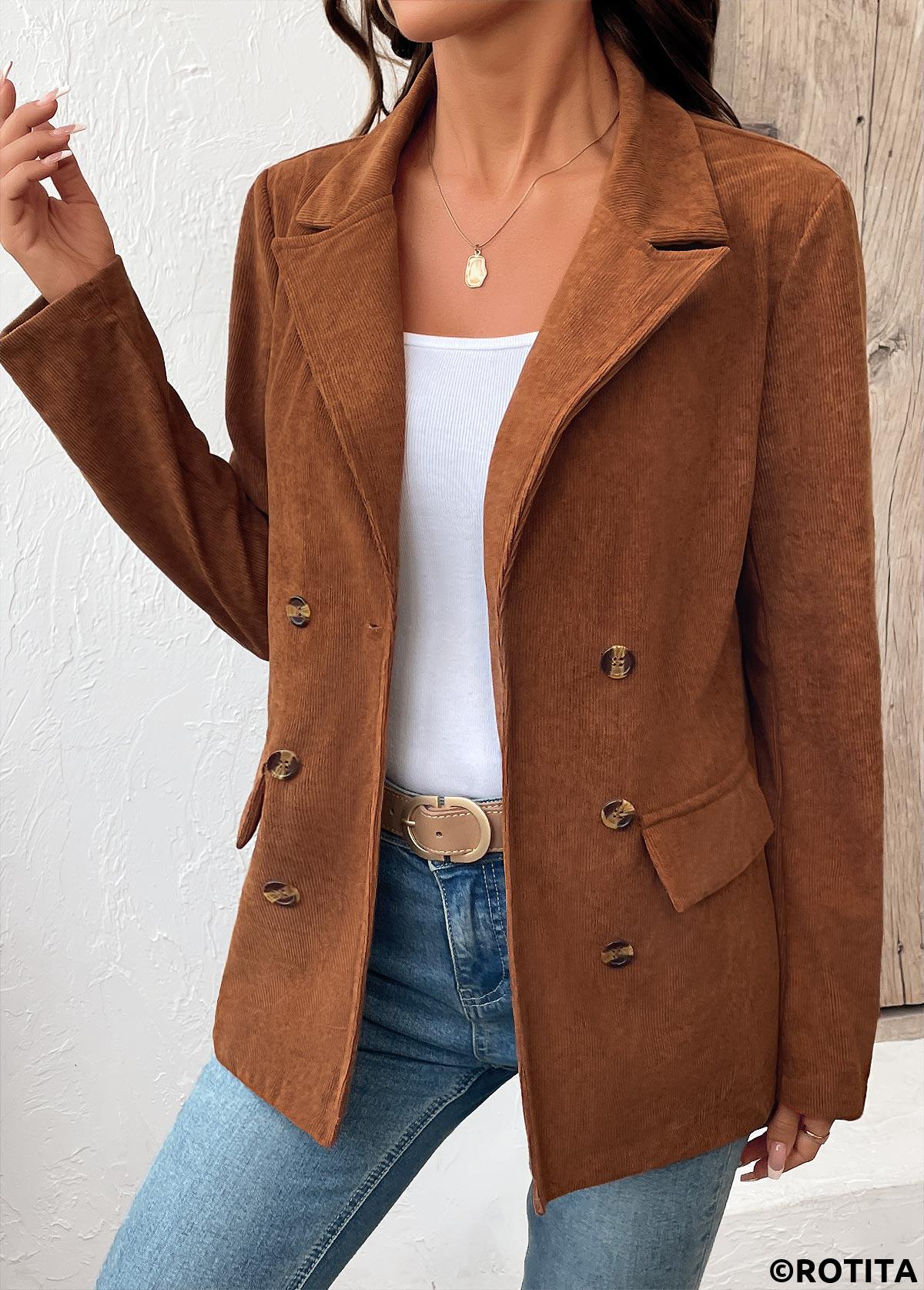 Dark Camel tops,Plain Color tops,Tummy Coverage Dark Camel Lapel Long Sleeve Coat