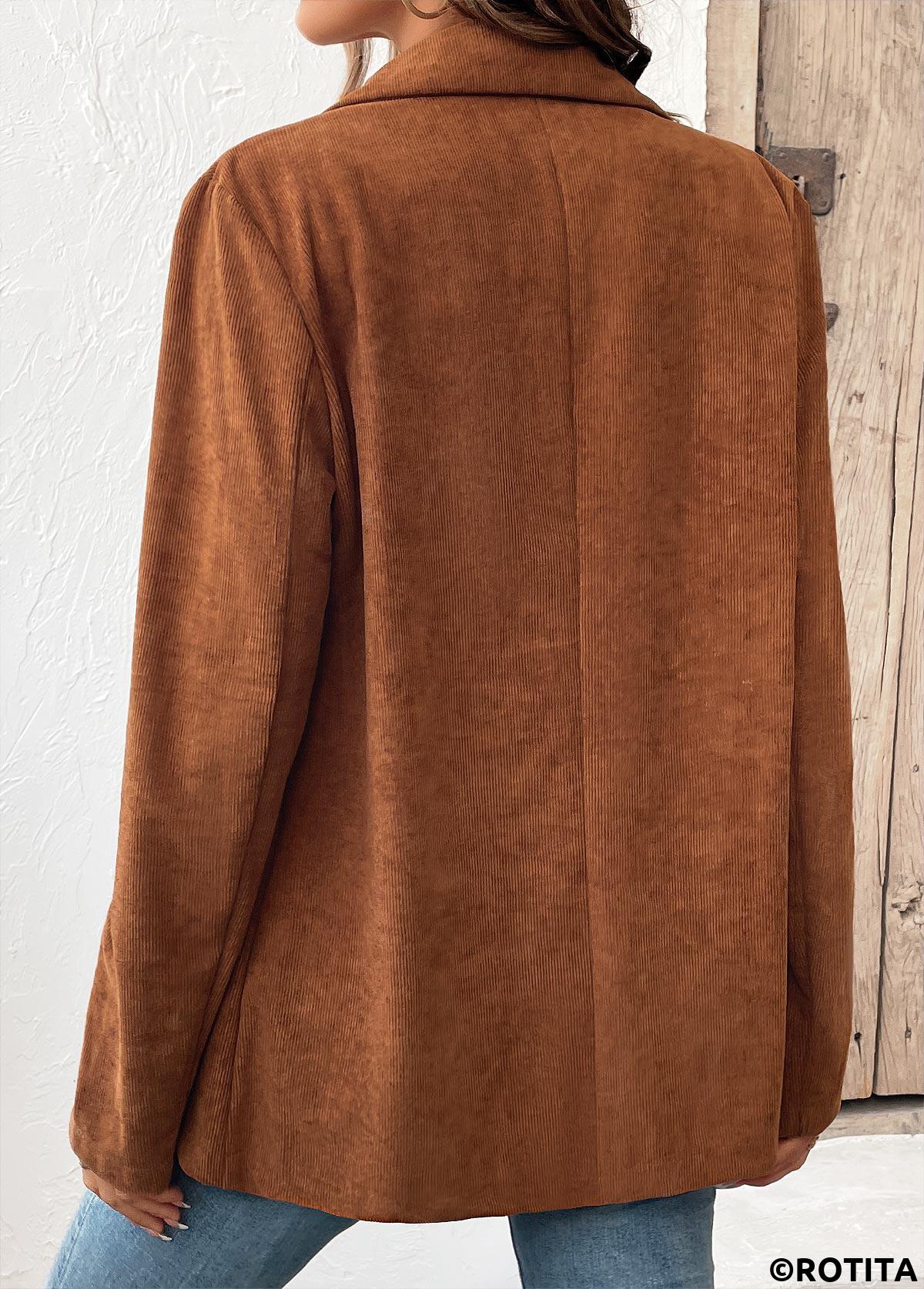 Dark Camel tops,Plain Color tops,Tummy Coverage Dark Camel Lapel Long Sleeve Coat