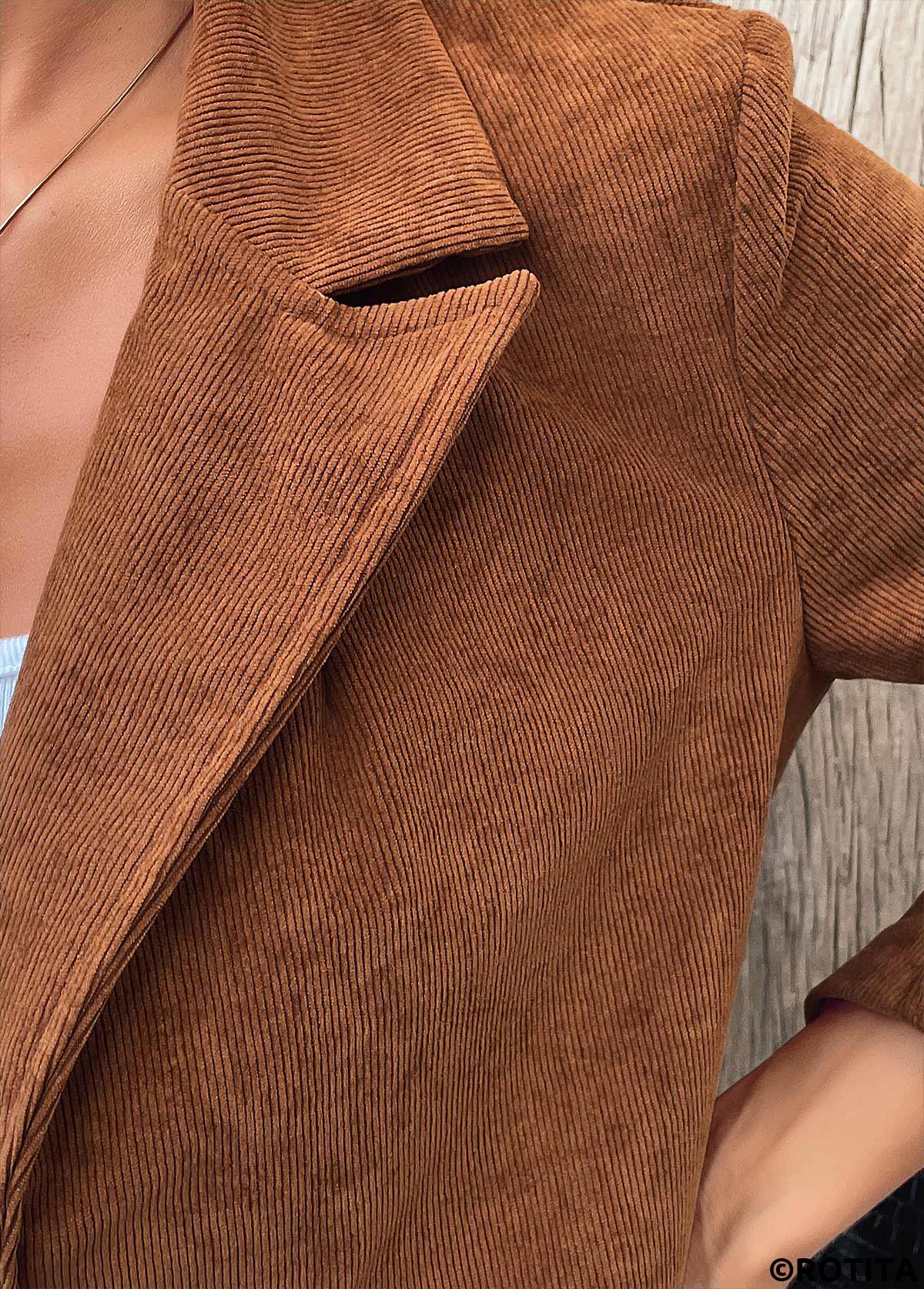 Dark Camel tops,Plain Color tops,Tummy Coverage Dark Camel Lapel Long Sleeve Coat