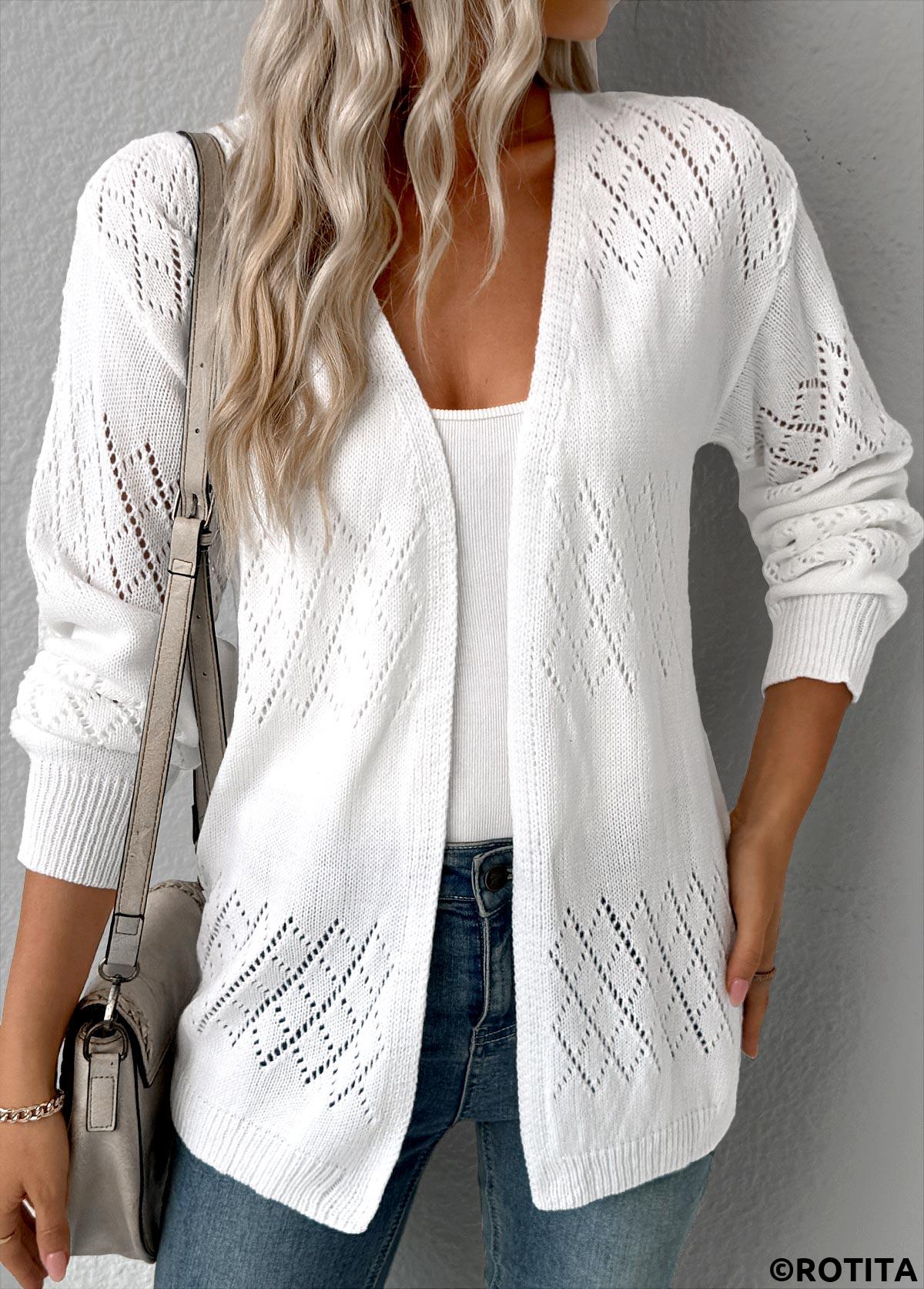 White tops,Plain Color tops,Tummy Coverage White Hollowedout Long Sleeve Cardigan
