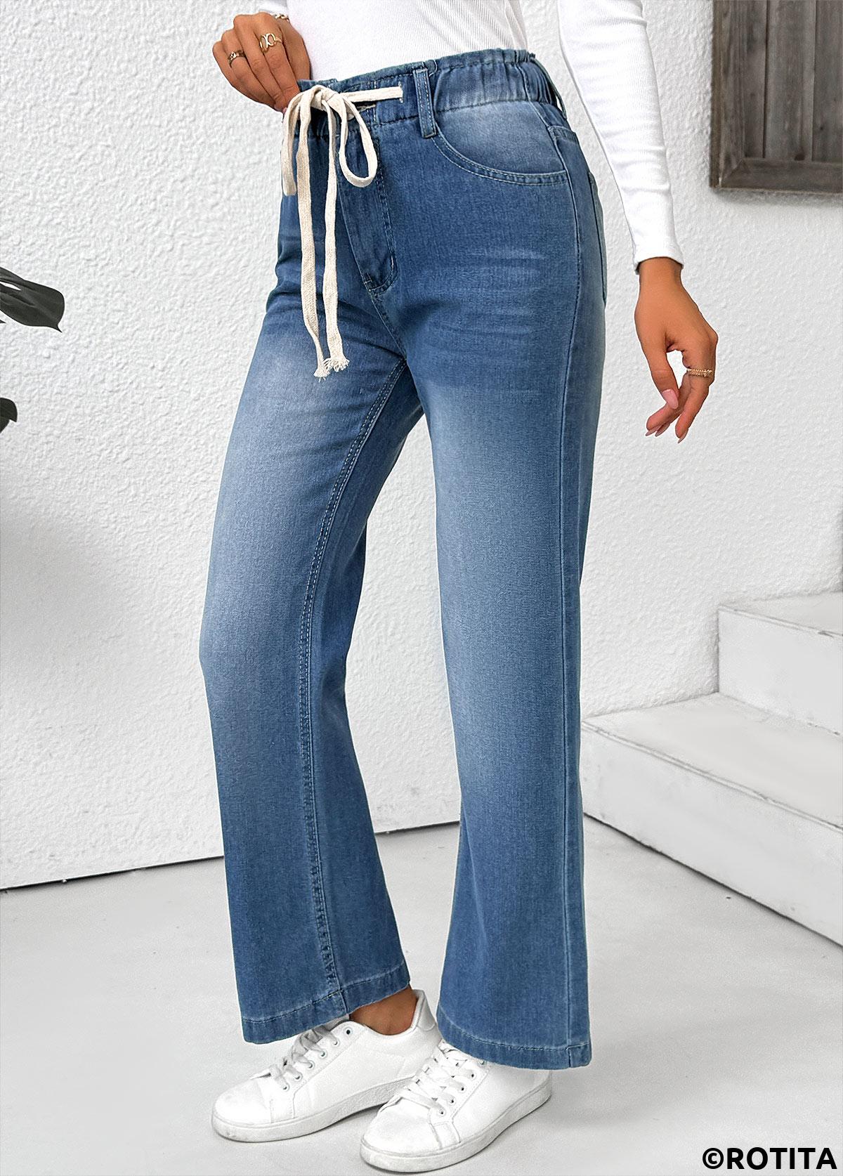 Light Blue bottoms,Plain Color bottoms,Pocket Light Blue Wide Leg Elastic Waist Pants