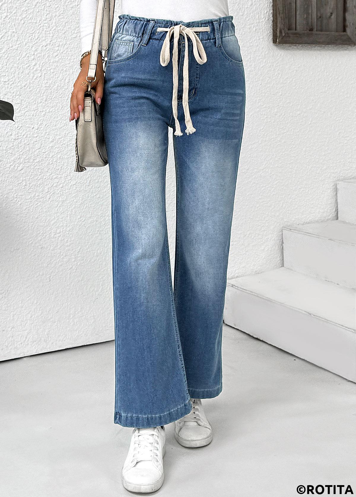 Light Blue bottoms,Plain Color bottoms,Pocket Light Blue Wide Leg Elastic Waist Pants