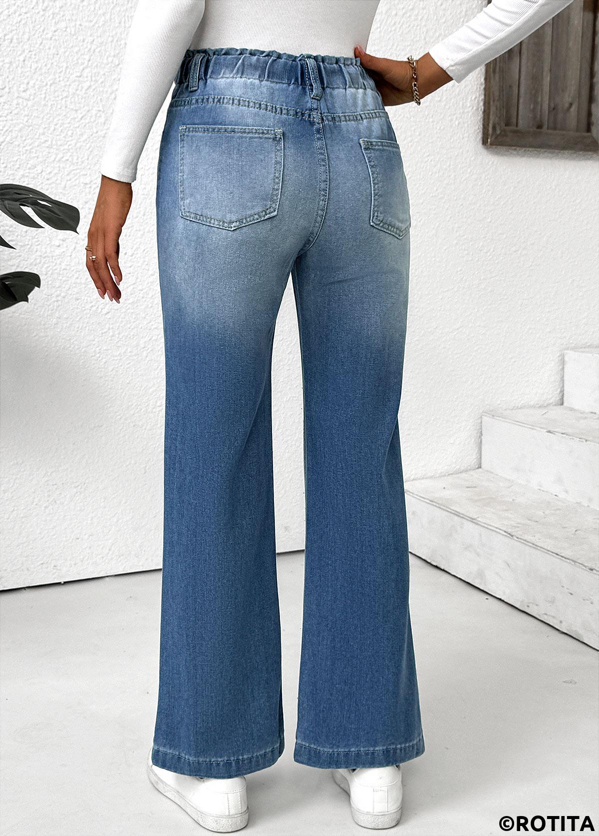 Light Blue bottoms,Plain Color bottoms,Pocket Light Blue Wide Leg Elastic Waist Pants