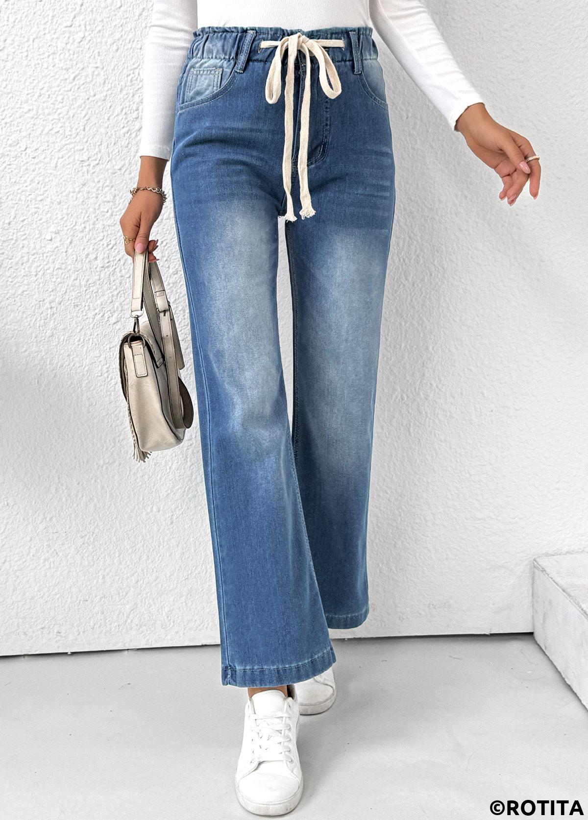 Light Blue bottoms,Plain Color bottoms,Pocket Light Blue Wide Leg Elastic Waist Pants