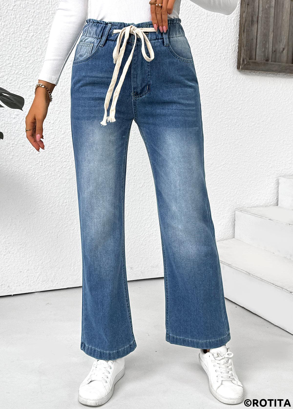 Light Blue bottoms,Plain Color bottoms,Pocket Light Blue Wide Leg Elastic Waist Pants