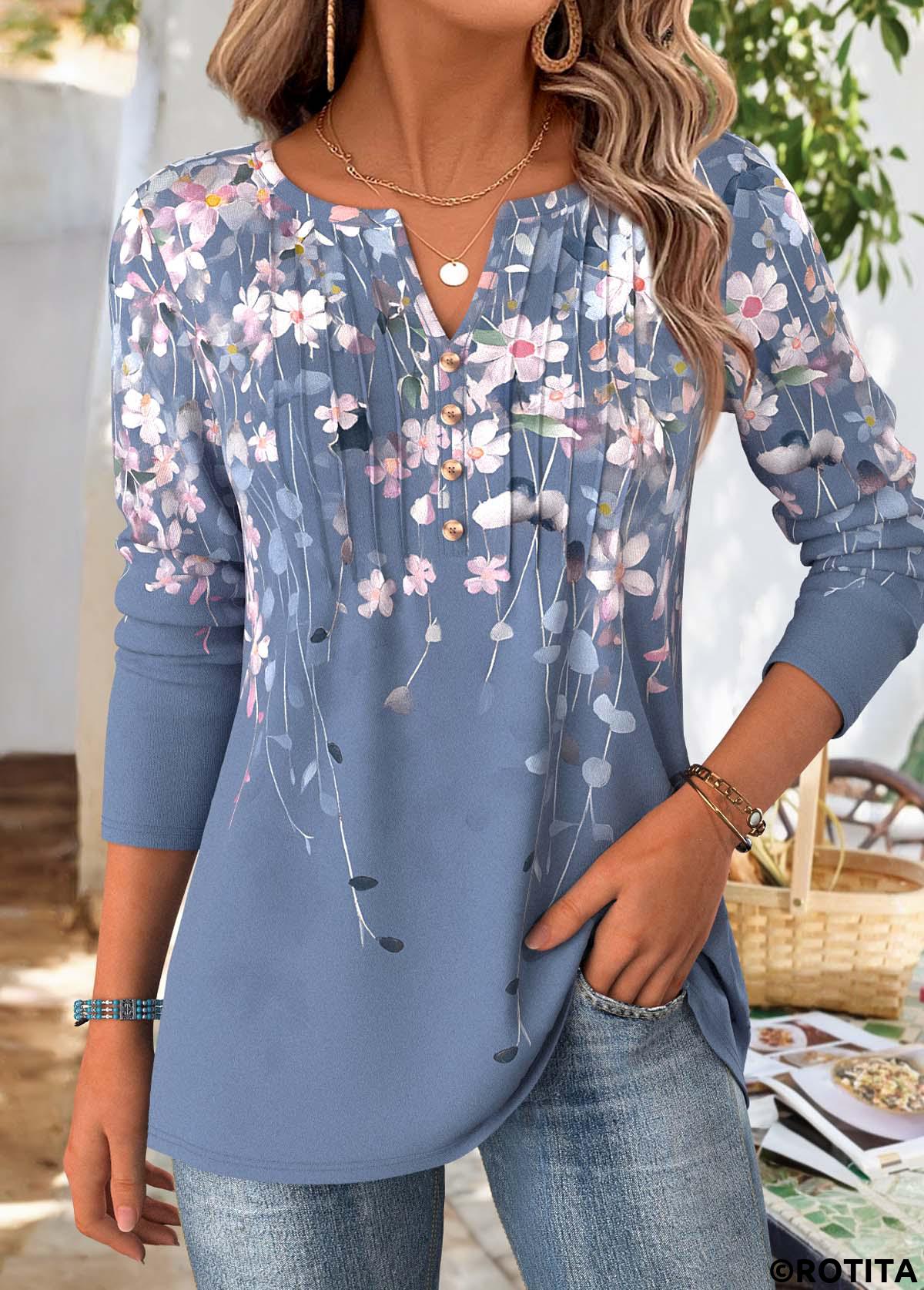 Multi Color tops,Floral tops,Plants tops,ROTITA Floral Print Multi Color Split Neck T Shirt