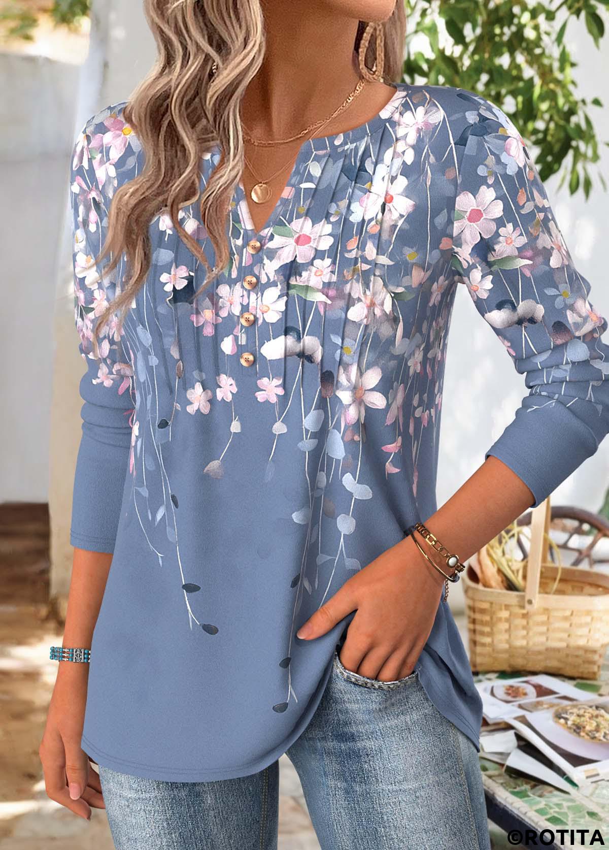 Multi Color tops,Floral tops,Plants tops,ROTITA Floral Print Multi Color Split Neck T Shirt