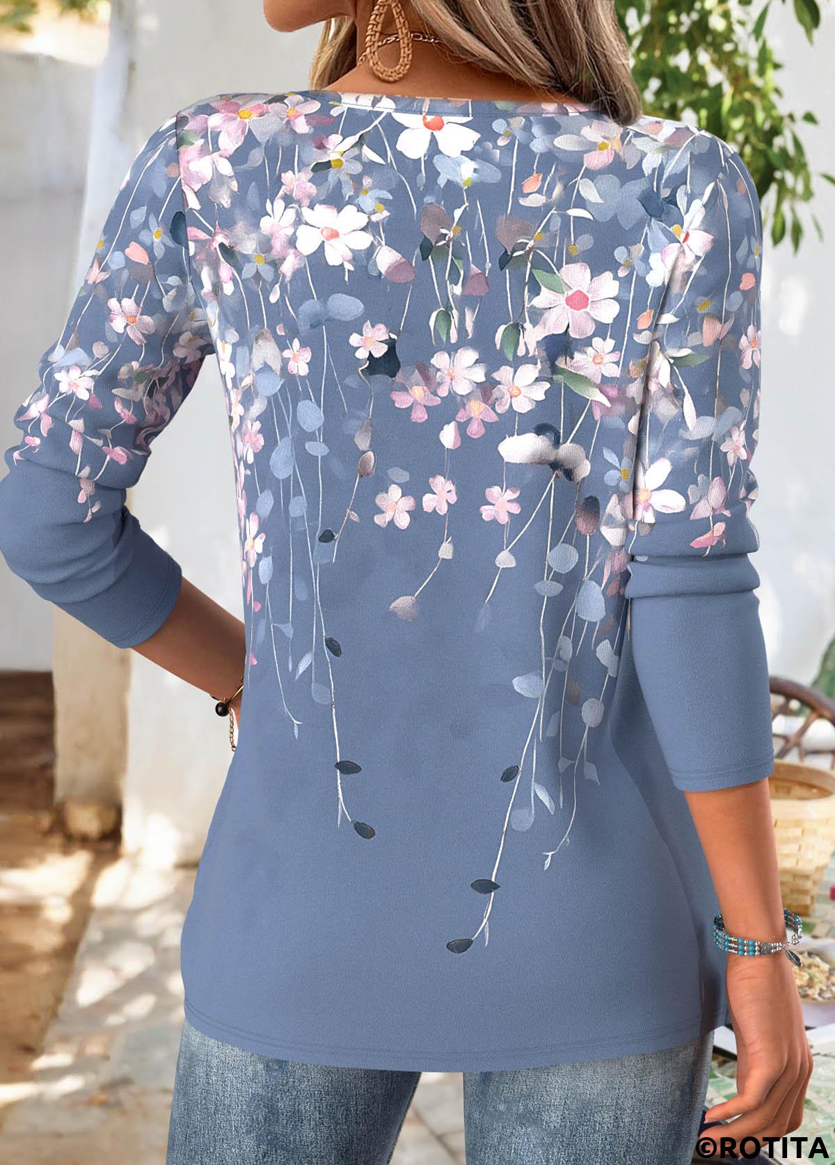 Multi Color tops,Floral tops,Plants tops,ROTITA Floral Print Multi Color Split Neck T Shirt