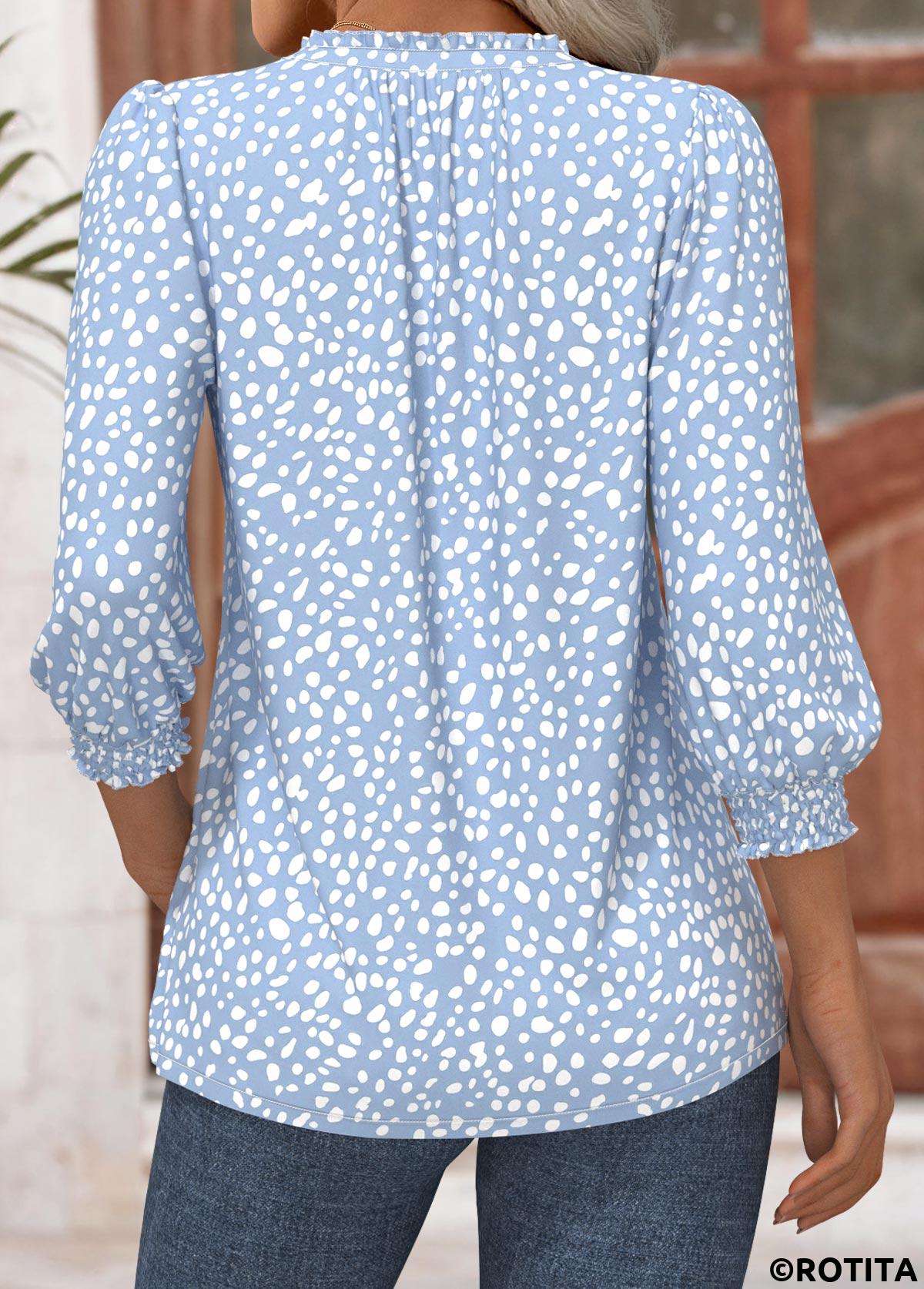 Light Blue tops,Dot tops,ROTITA Polka Dot Light Blue V Neck 3/4 Sleeve Blouse