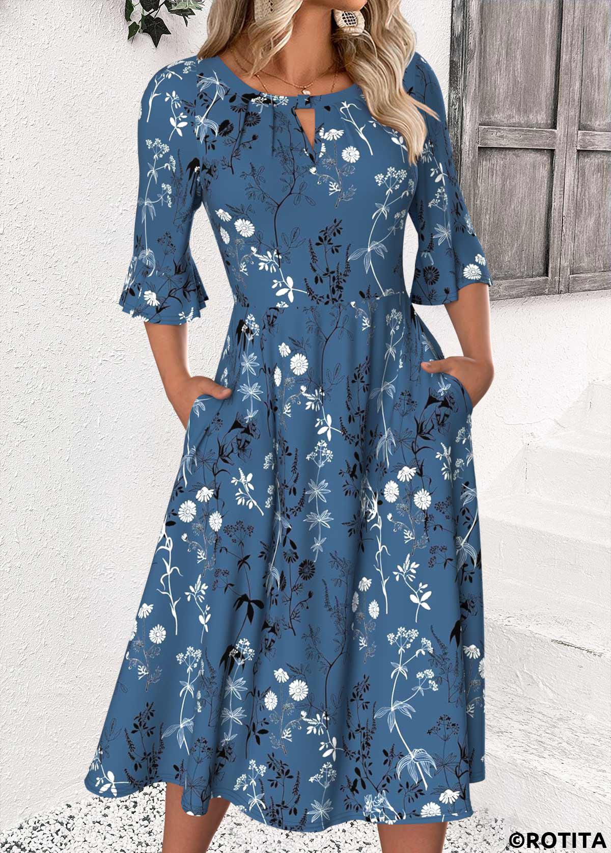 Peacock Blue dresses,Floral dresses,Plants dresses,Everyday dresses,Casual dresses,ROTITA Floral Print Peacock Blue Round Neck 3/4 Sleeve Dress