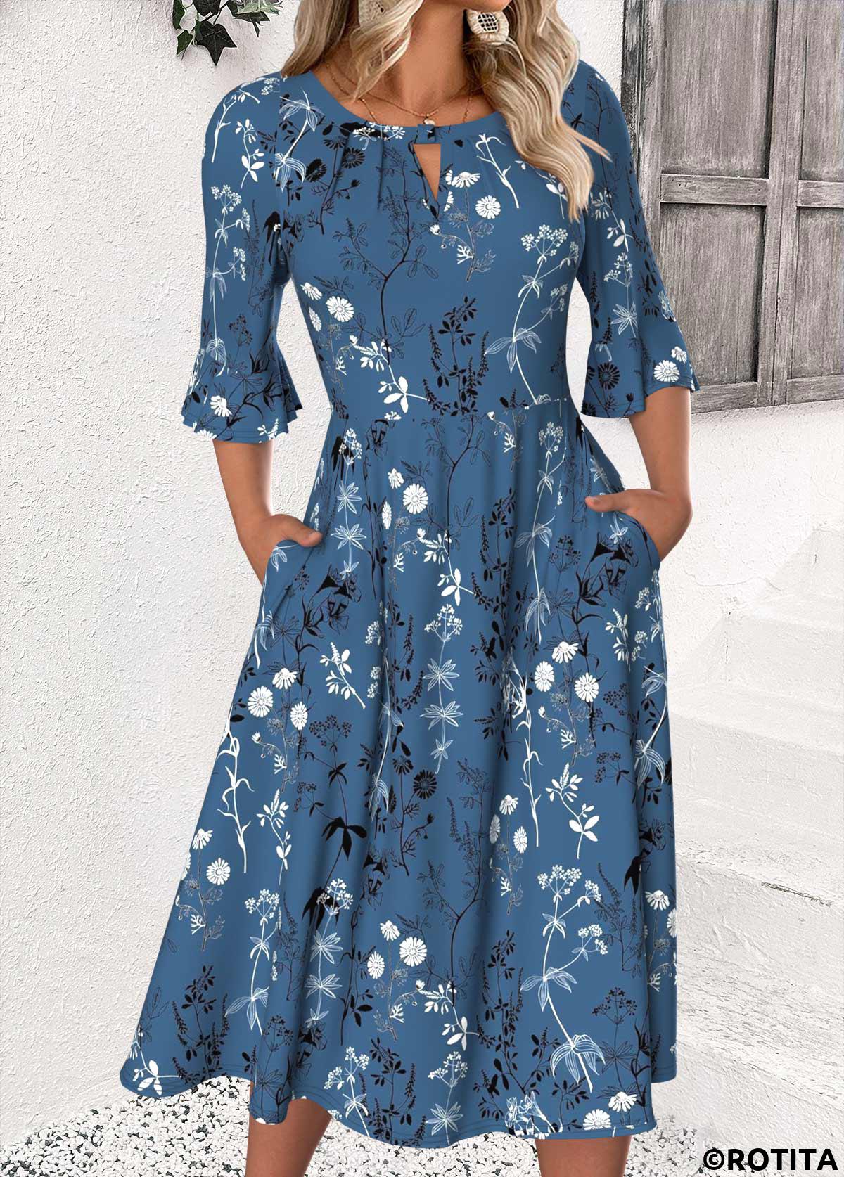 Peacock Blue dresses,Floral dresses,Plants dresses,Everyday dresses,Casual dresses,ROTITA Floral Print Peacock Blue Round Neck 3/4 Sleeve Dress