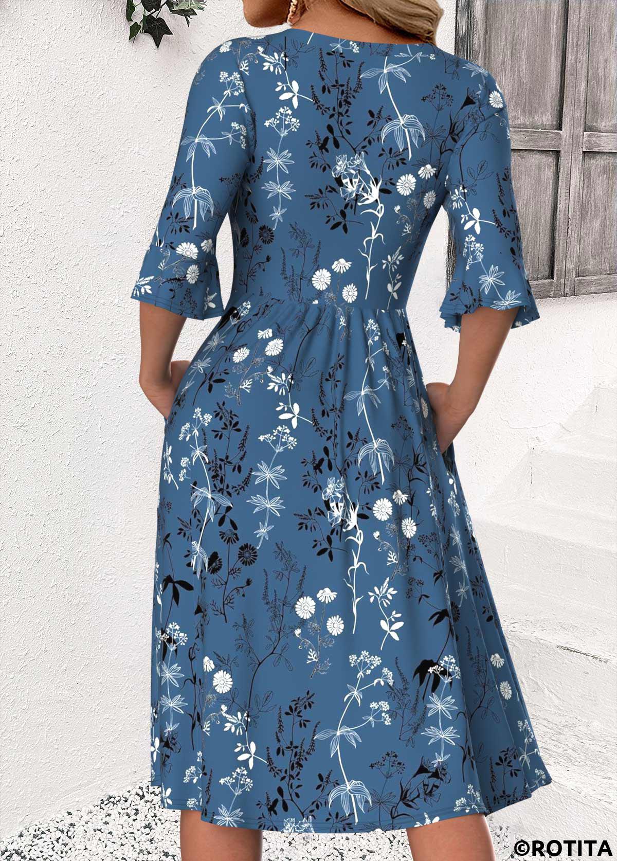 Peacock Blue dresses,Floral dresses,Plants dresses,Everyday dresses,Casual dresses,ROTITA Floral Print Peacock Blue Round Neck 3/4 Sleeve Dress