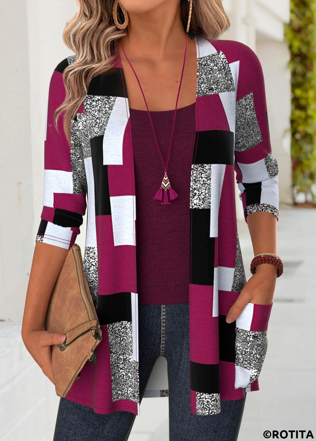 Dark Reddish Purple tops,Geometric tops,ROTITA Geometric Print Dark Reddish Purple Long Sleeve Light Cardigan