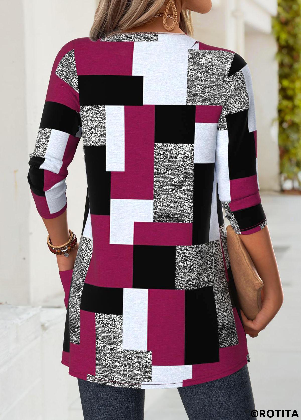 Dark Reddish Purple tops,Geometric tops,ROTITA Geometric Print Dark Reddish Purple Long Sleeve Light Cardigan