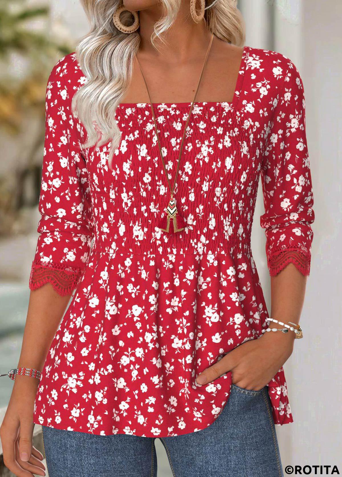 Red tops,Ditsy Floral tops,ROTITA Ditsy Floral Print Red Square Neck Long Sleeve Blouse