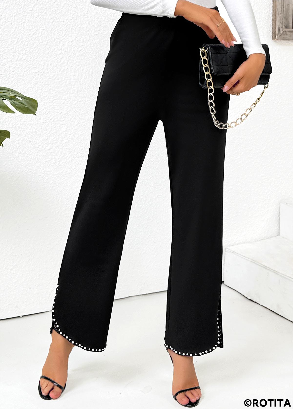 Black bottoms,Plain Color bottoms,Pocket Black Straight Leg Elastic Waist High Waisted Pants