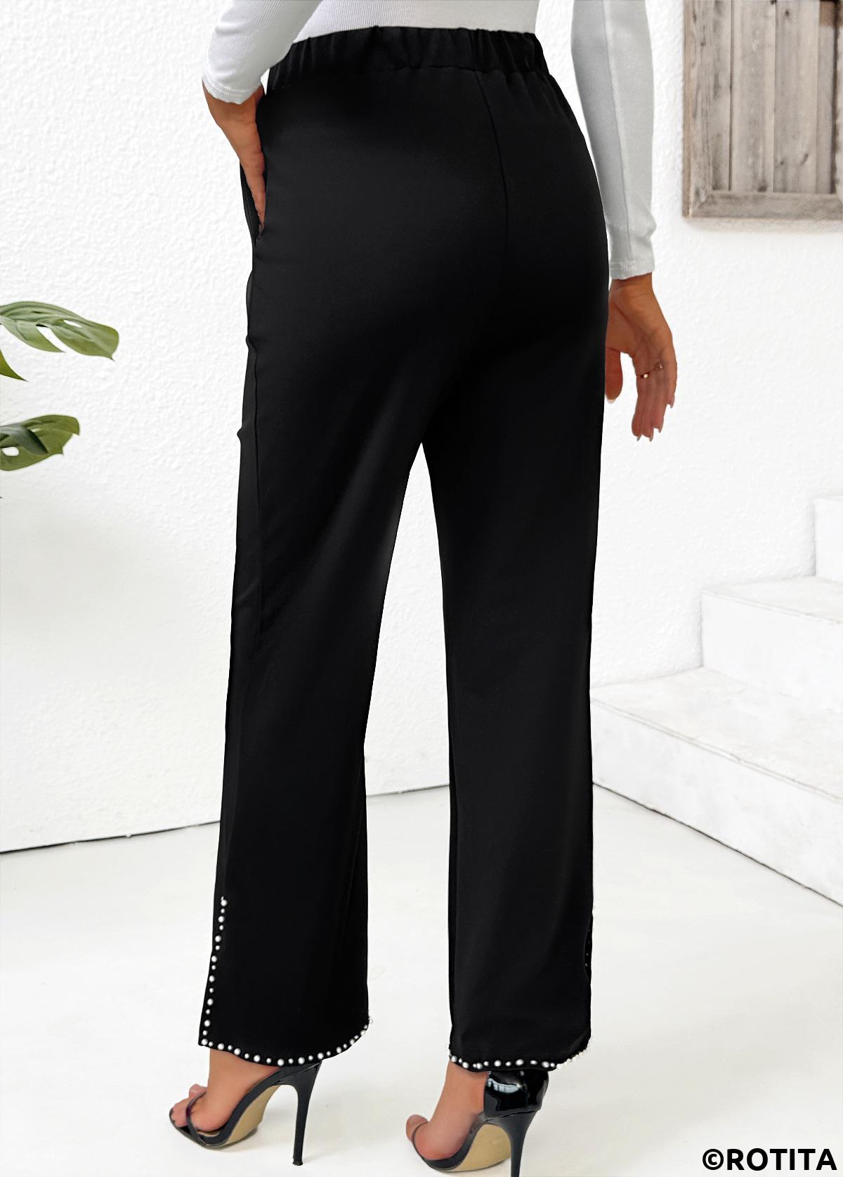 Black bottoms,Plain Color bottoms,Pocket Black Straight Leg Elastic Waist High Waisted Pants