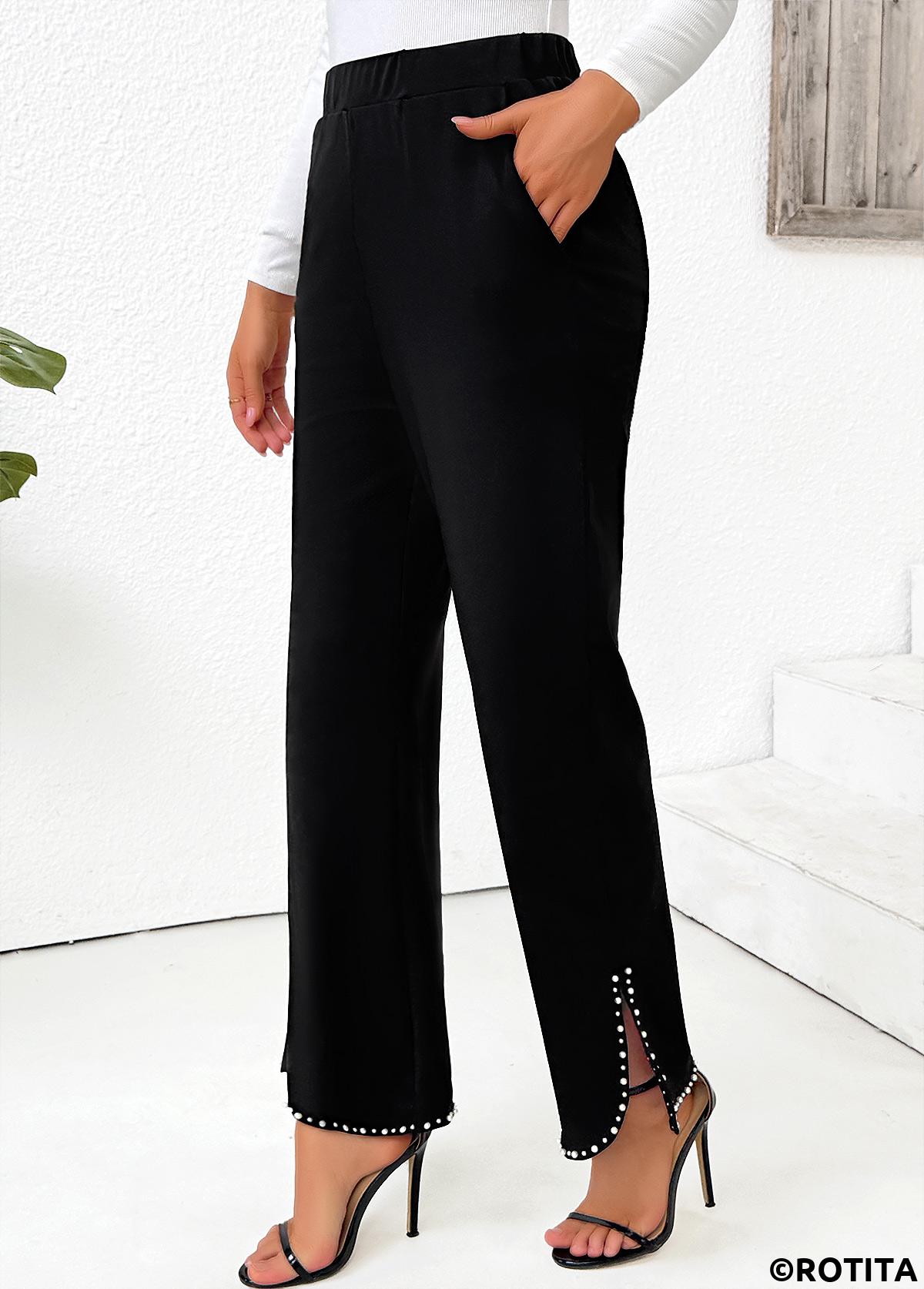 Black bottoms,Plain Color bottoms,Pocket Black Straight Leg Elastic Waist High Waisted Pants