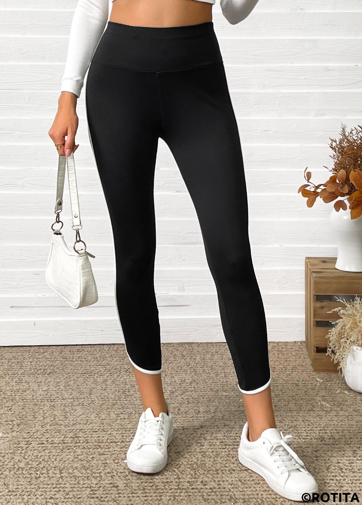 Black bottoms,Contrast Color bottoms,Black High Waisted Elastic Waist Capri Leggings