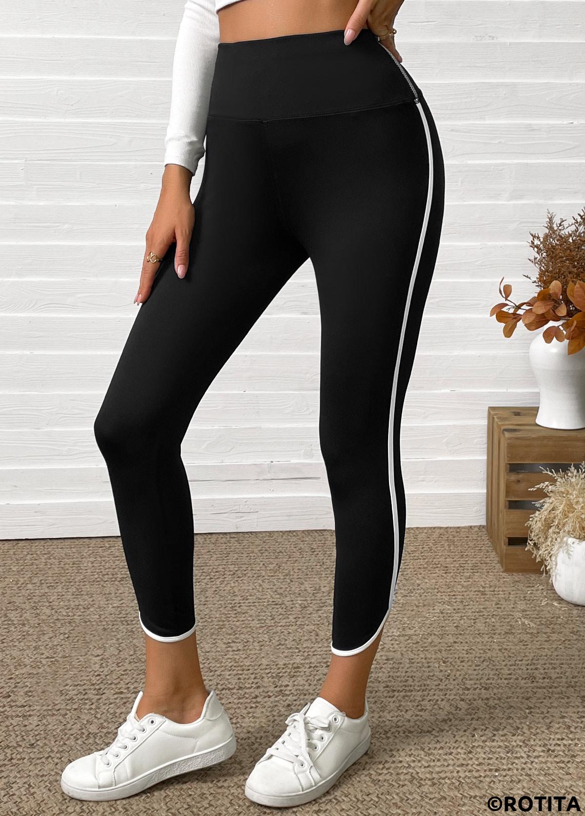 Black bottoms,Contrast Color bottoms,Black High Waisted Elastic Waist Capri Leggings