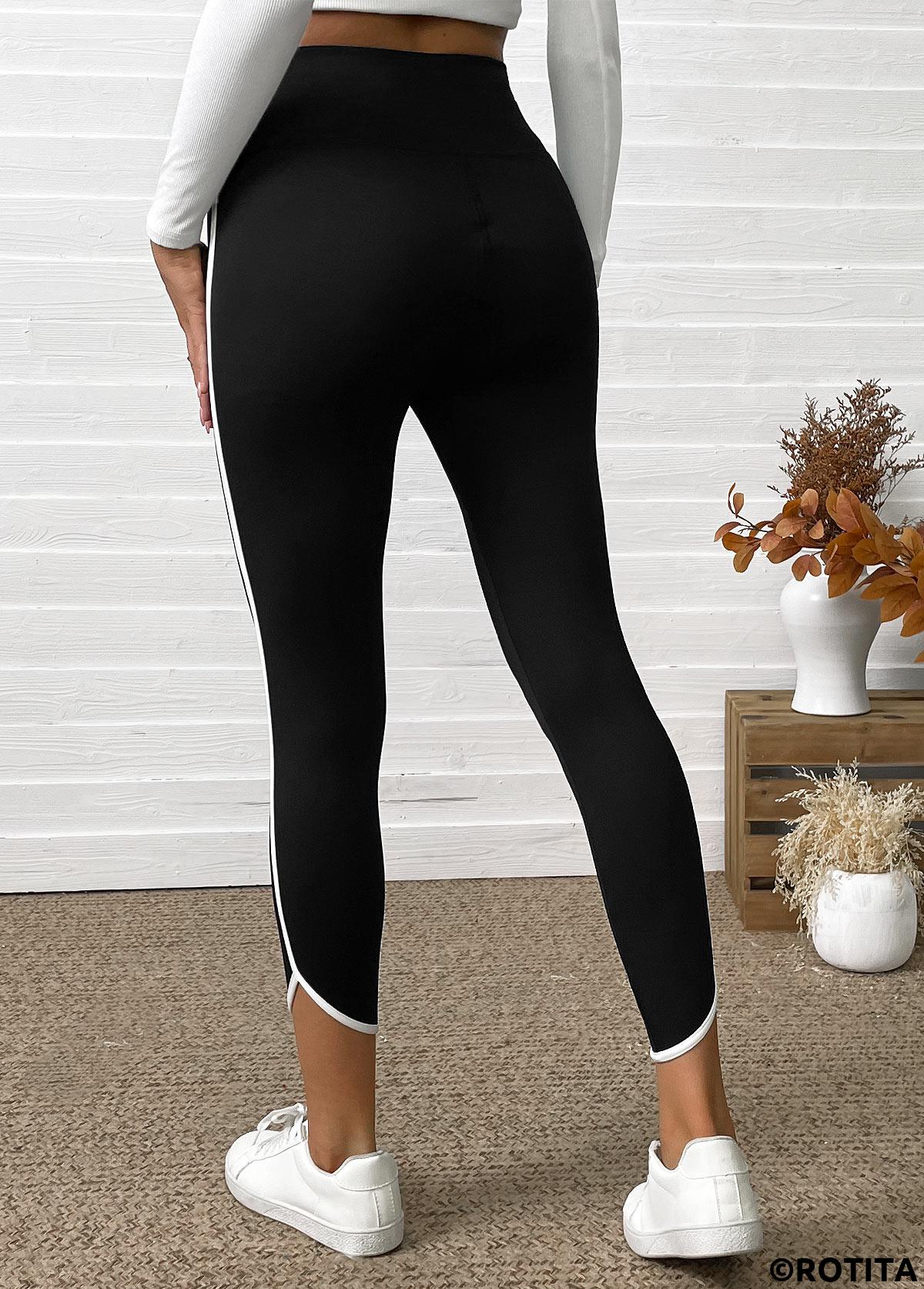 Black bottoms,Contrast Color bottoms,Black High Waisted Elastic Waist Capri Leggings