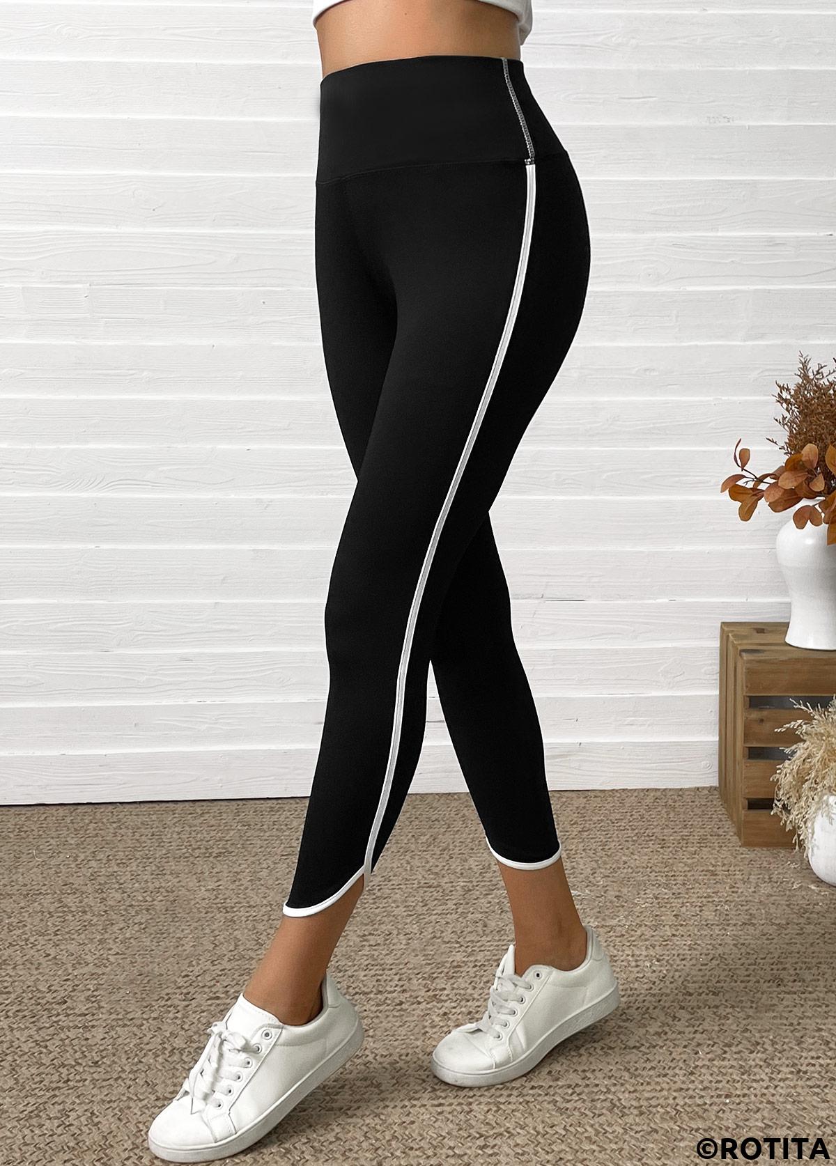 Black bottoms,Contrast Color bottoms,Black High Waisted Elastic Waist Capri Leggings
