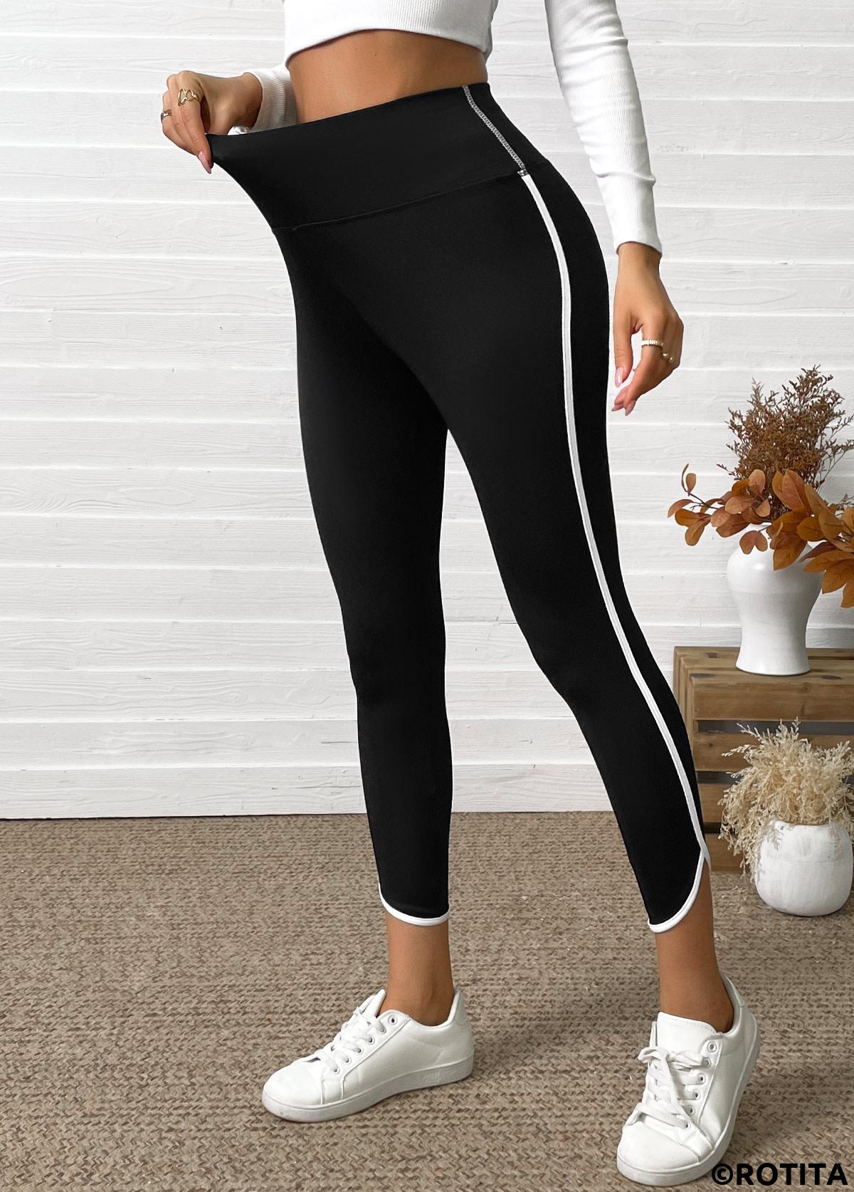 Black bottoms,Contrast Color bottoms,Black High Waisted Elastic Waist Capri Leggings