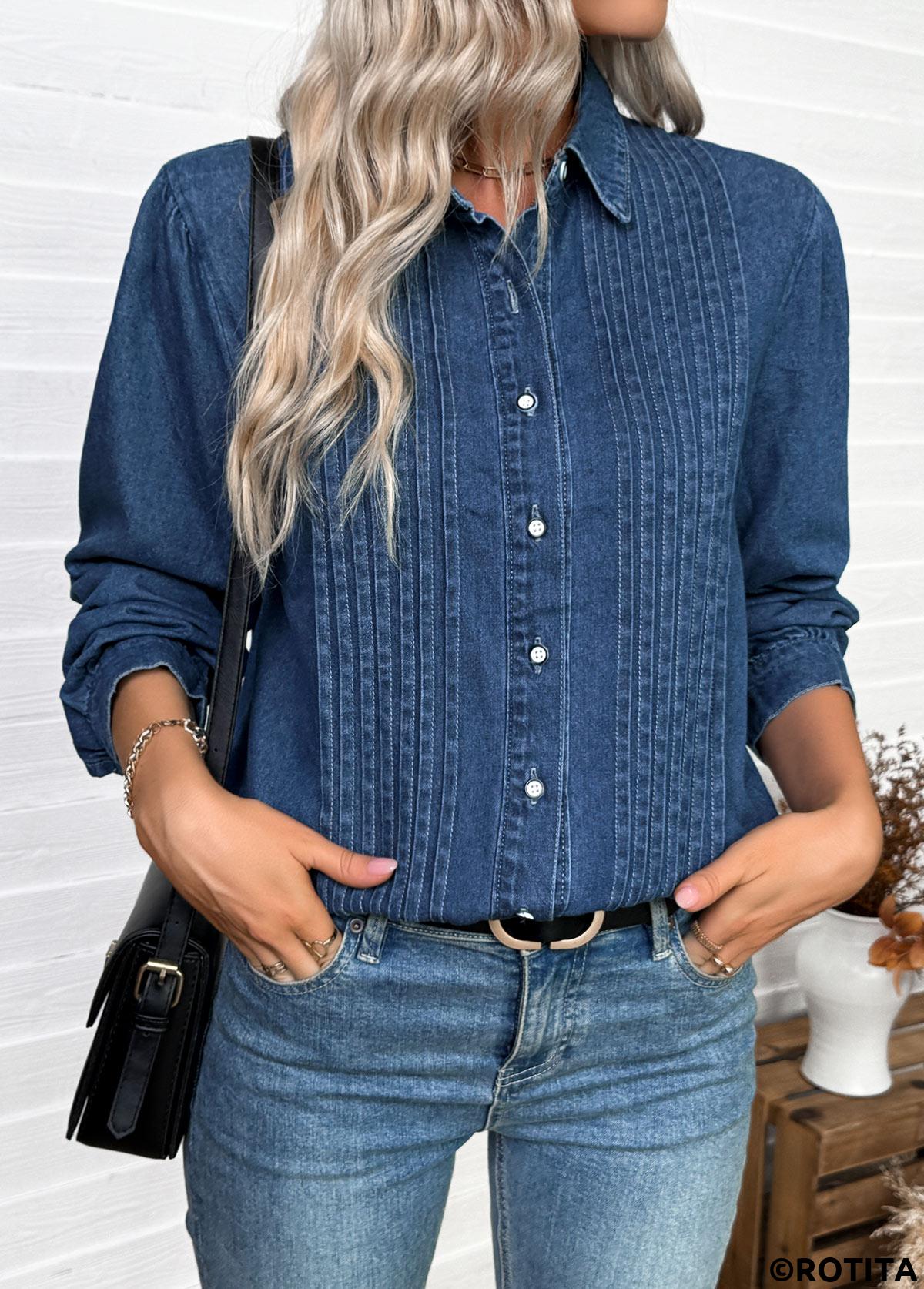 Denim Blue tops,Plain Color tops,Tummy Coverage Denim Blue Long Sleeve Shirt