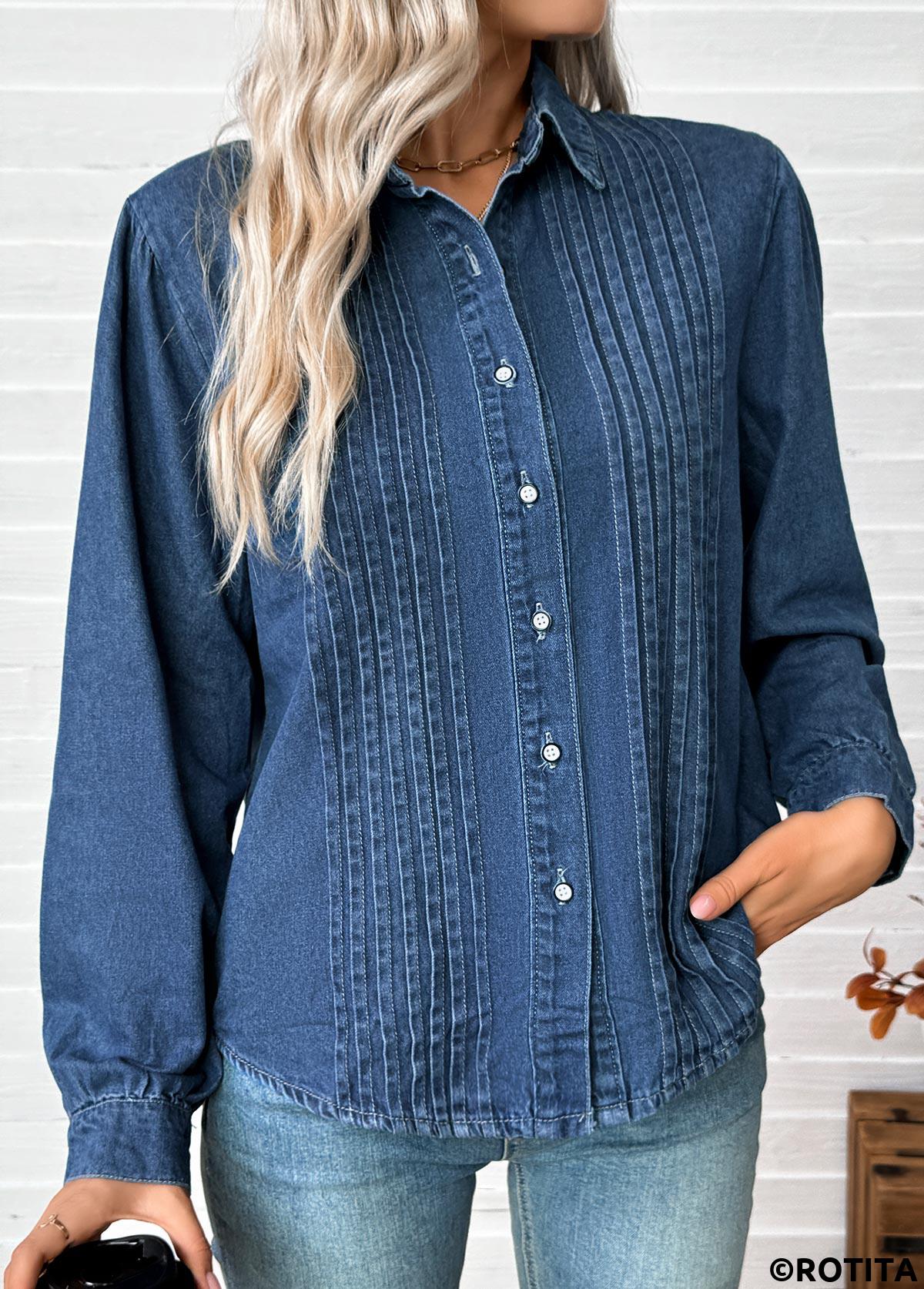 Denim Blue tops,Plain Color tops,Tummy Coverage Denim Blue Long Sleeve Shirt